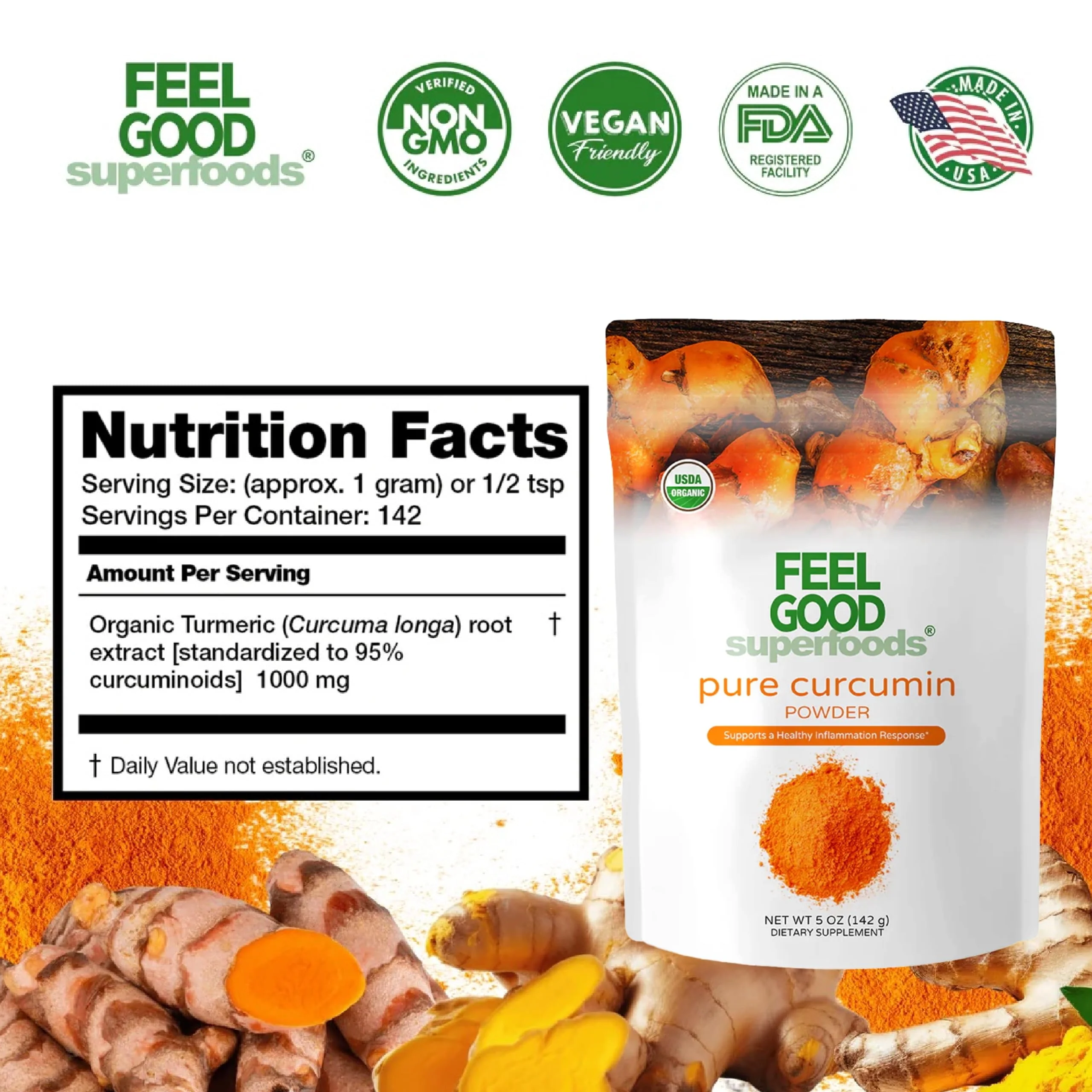 FEEL GOOD Superfoods Pure Curcumin Powder – Organic, Non-GMO, Vegan Turmeric Extract, 5 oz - Image 2