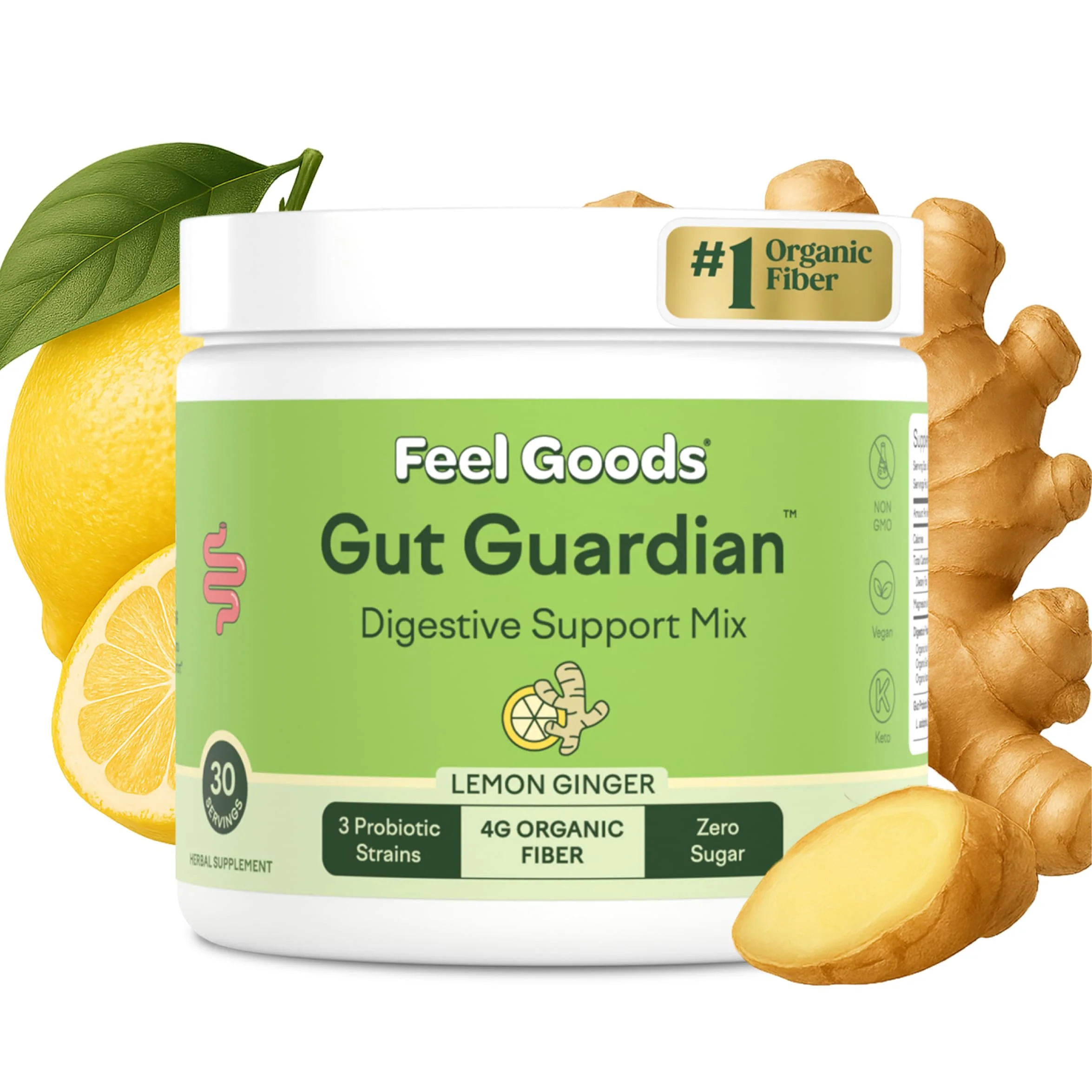 Feel Goods Gut Guardian: Organic Fiber, Probiotic & Prebiotic Powder – Lemon Ginger, Sugar Free, 30 Servings - Image 7