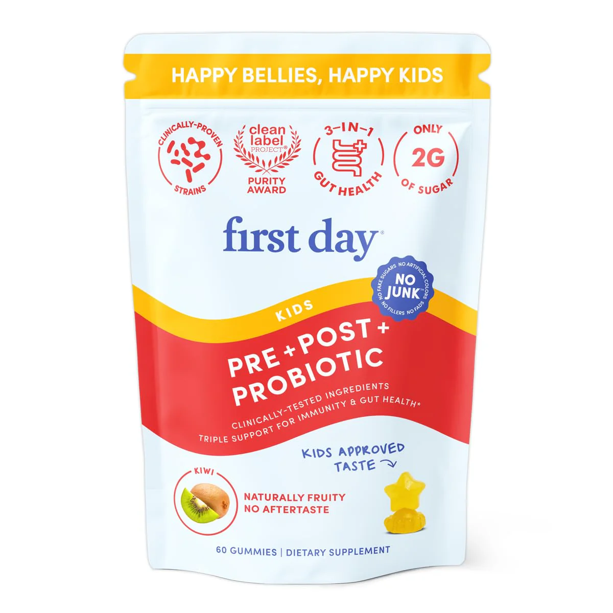 FIRST DAY Kids Belly-Biotic Gummies — 3-in-1 Probiotic, Prebiotic & Postbiotic (Vegan, Gluten Free) 30-Day Supply