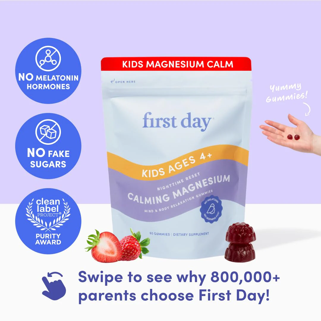 FIRST DAY Kids Magnesium Citrate Gummies (Ages 4+) — No Melatonin, Suntheanine L-Theanine, Strawberry | 30-Day Supply - Image 2