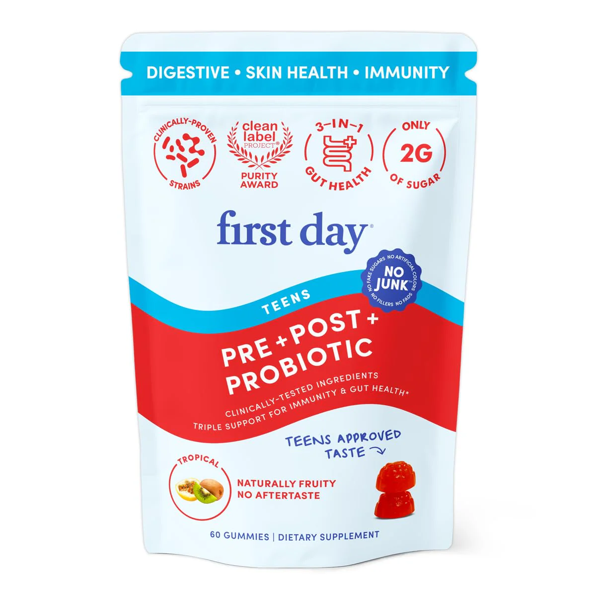 FIRST DAY Teens’ Gut Sustainer Gummies – 3-in-1 Prebiotic, Probiotic & Postbiotic