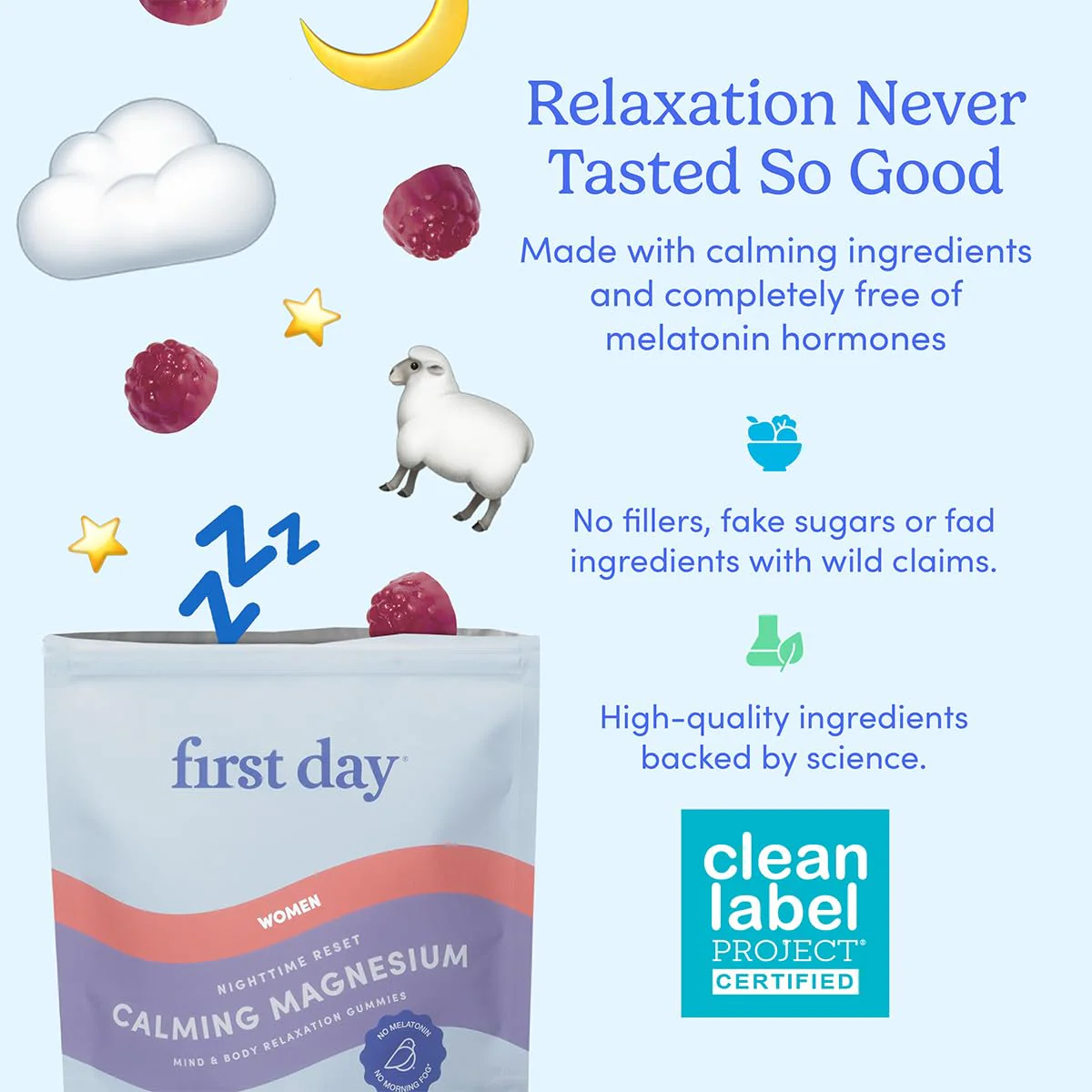 First Day Women's Nighttime Reset Calming Magnesium Gummies – Sleep Support, Calm Mood & Energy, No Melatonin – 60-Day Supply - Image 7