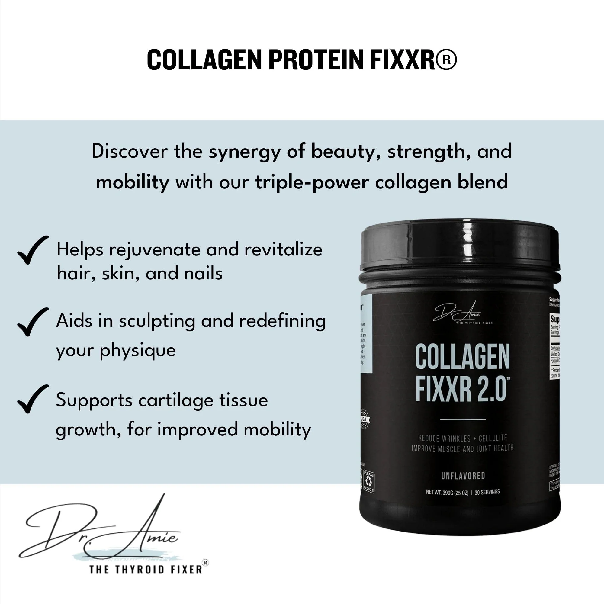 Fixxr Collagen 2.0 by Dr. Amie – 3 Bioactive Collagen Peptides | Unflavored | 30 Servings - Image 3