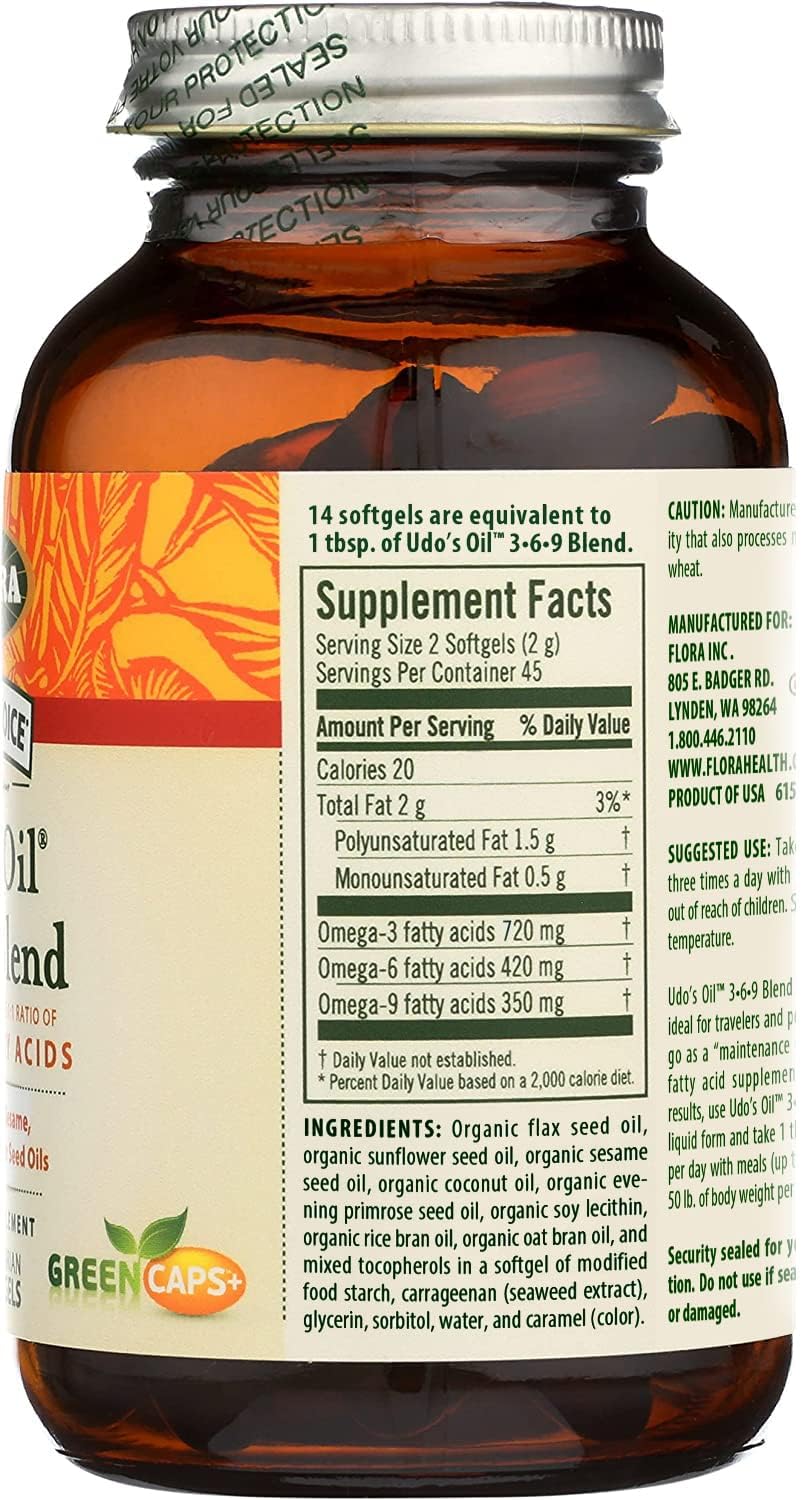 Flora Udo's Oil 3-6-9 Blend - Organic Coconut, Flax Seed Oil & More - 90 Vegetarian Softgels - Image 2