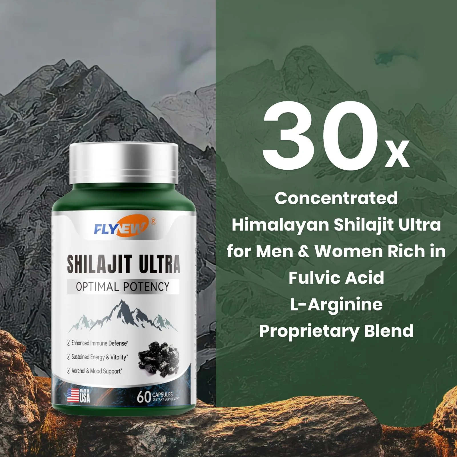 Flynew Shilajit — Premium Fulvic Acid Shilajit with L-Arginine, 60 Capsules, Made in USA - Image 10