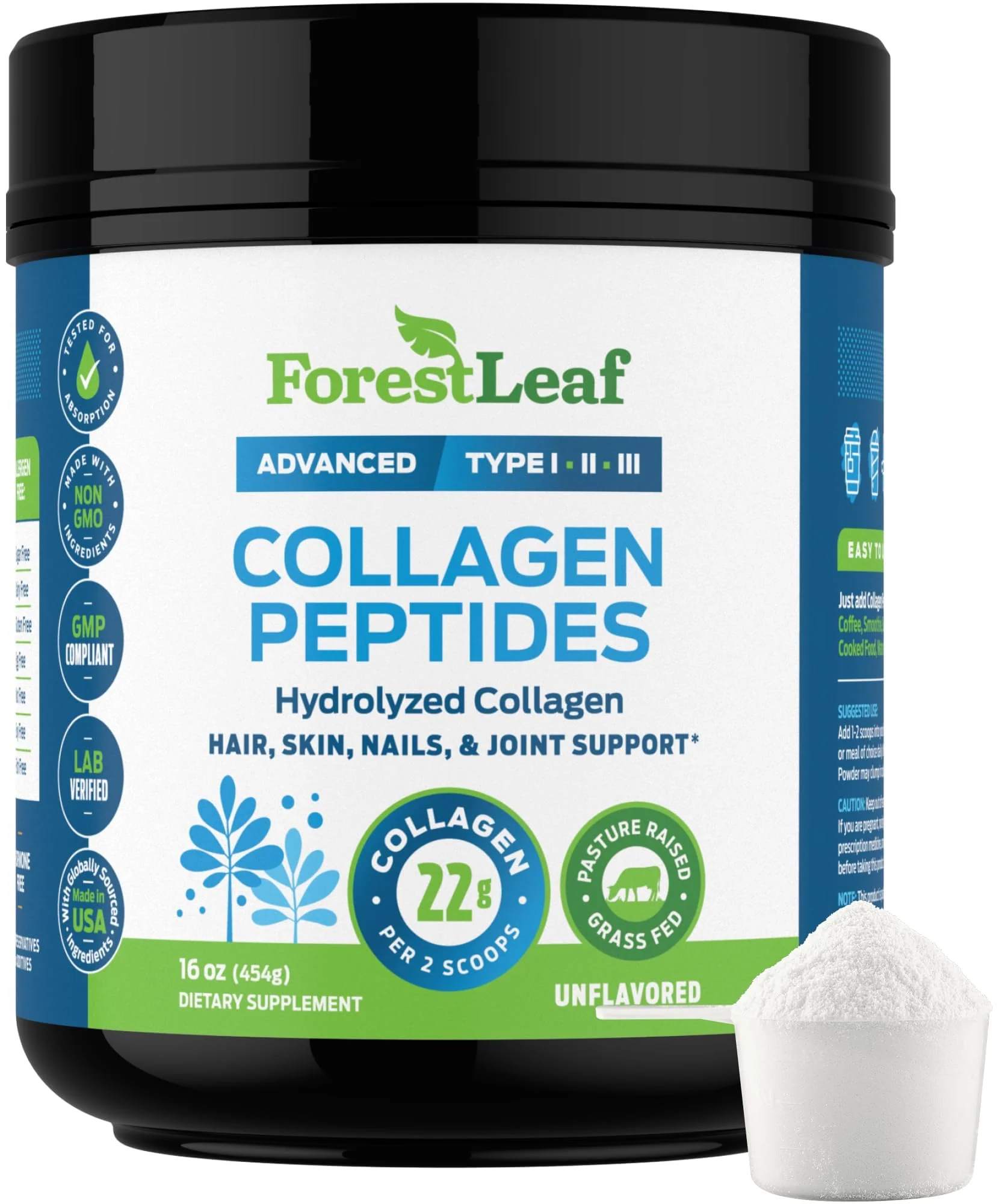ForestLeaf Collagen Peptides Powder Unflavored – Grass-Fed Type 1-3, Hydrolyzed Keto Collagen Protein 11g per Serving