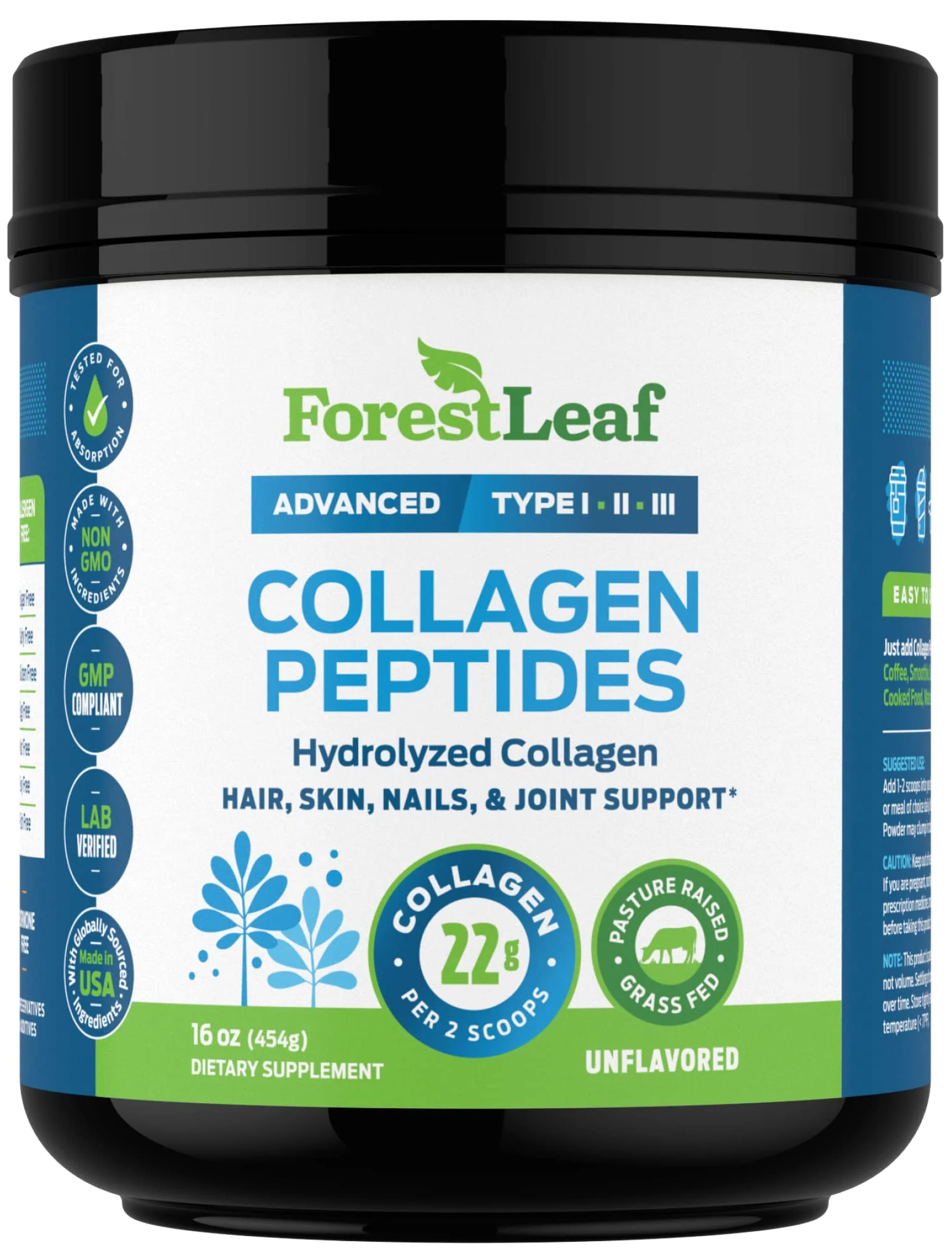 ForestLeaf Collagen Peptides Powder Unflavored – Grass-Fed Type 1-3, Hydrolyzed Keto Collagen Protein 11g per Serving - Image 9