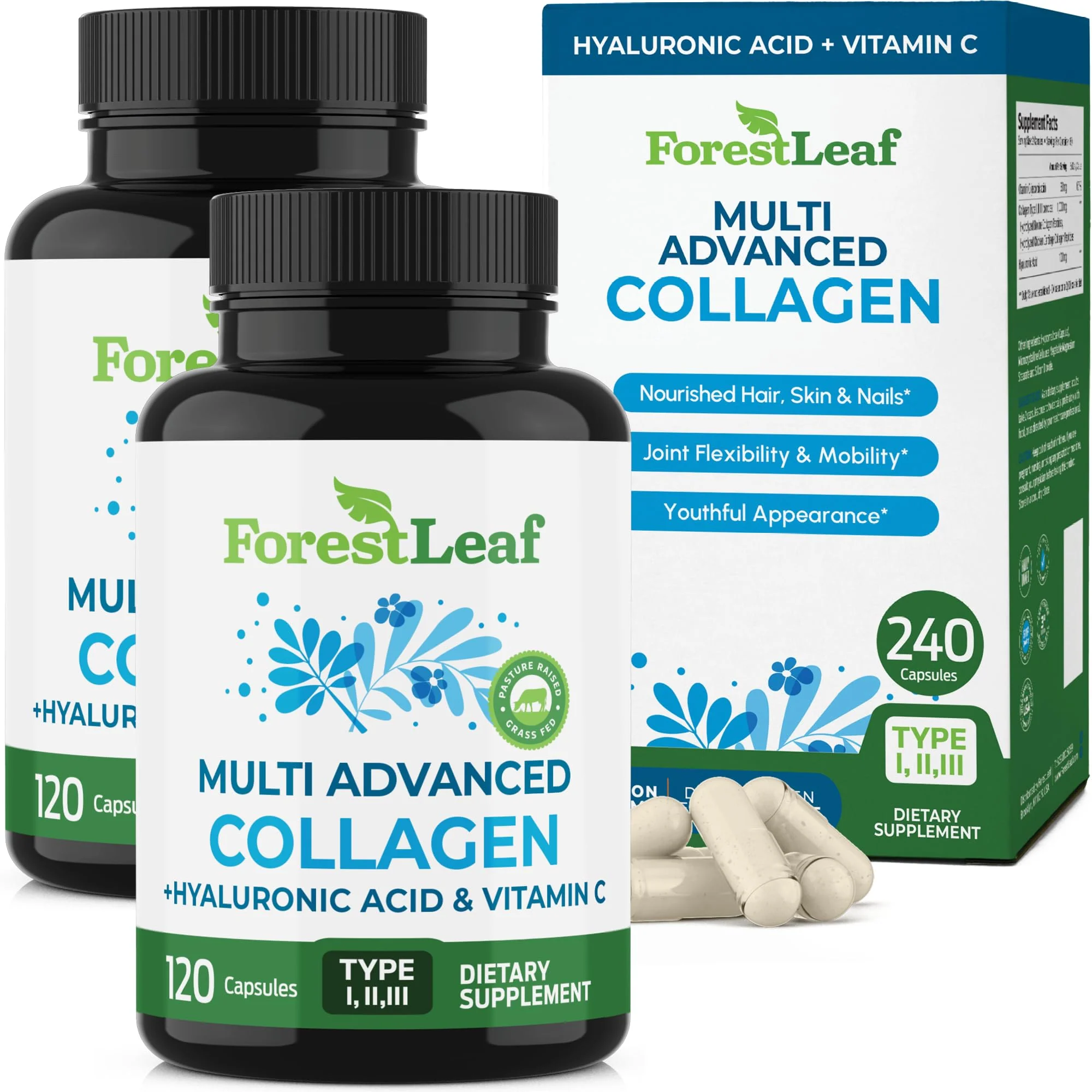 ForestLeaf Multi Collagen Pills with Hyaluronic Acid + Vitamin C | Hydrolyzed Collagen for Skin, Joints, and Hair | 240 Capsules - Image 10