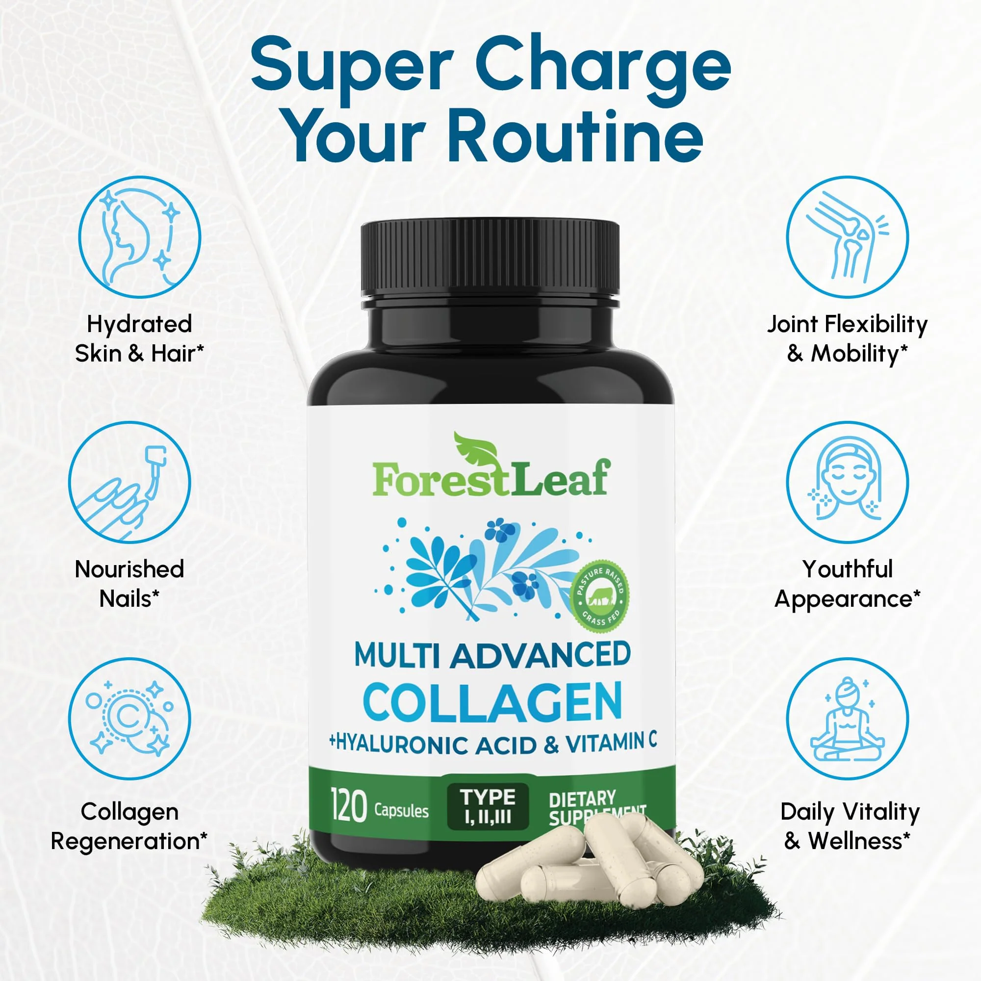 ForestLeaf Multi Collagen Pills with Hyaluronic Acid + Vitamin C | Hydrolyzed Collagen for Skin, Joints, and Hair | 240 Capsules - Image 12