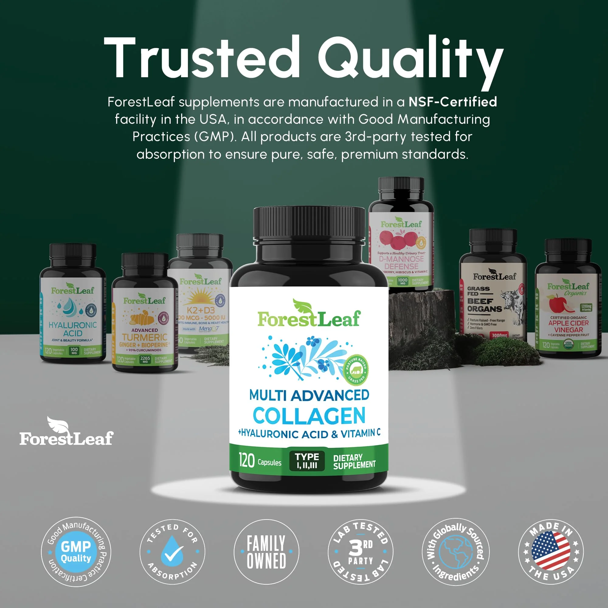 ForestLeaf Multi Collagen Pills with Hyaluronic Acid + Vitamin C | Hydrolyzed Collagen for Skin, Joints, and Hair | 240 Capsules - Image 17