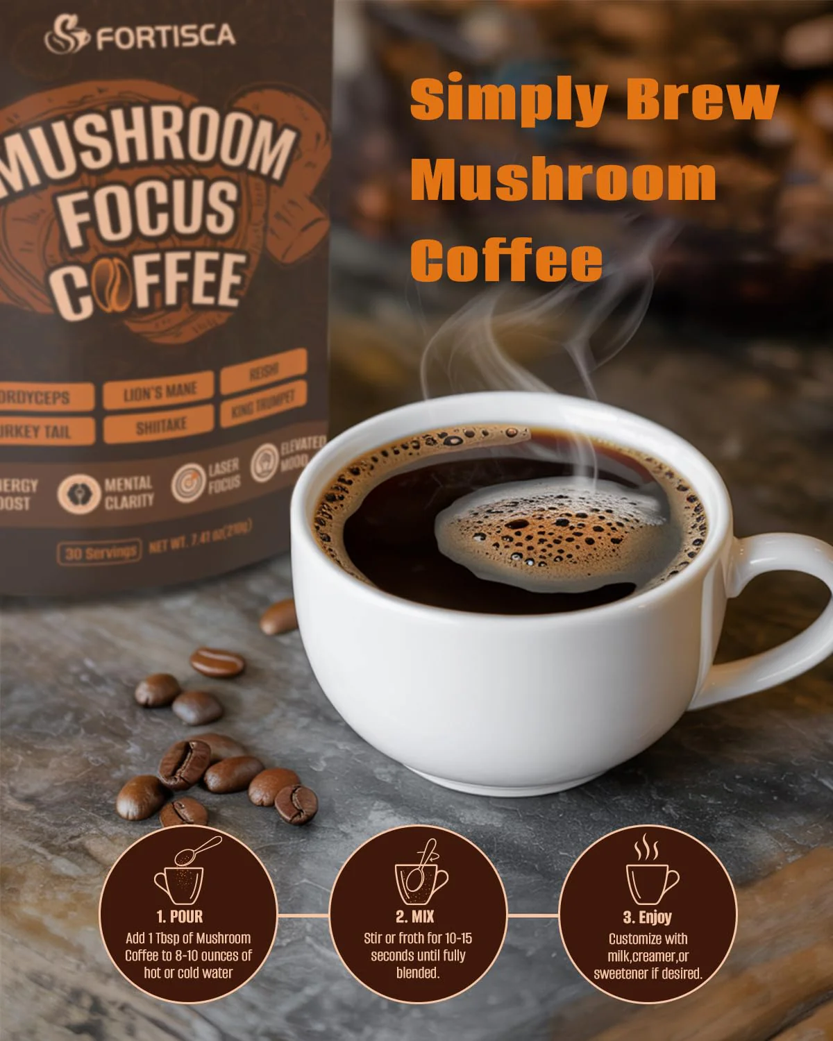 FORTISCA Mushroom Coffee (7.41oz / 210g) – 6-in-1 Instant Coffee with Lion's Mane, Cordyceps, Reishi, Shiitake, Turkey Tail & King Trumpet for Energy, Focus & Immune Support - Image 6