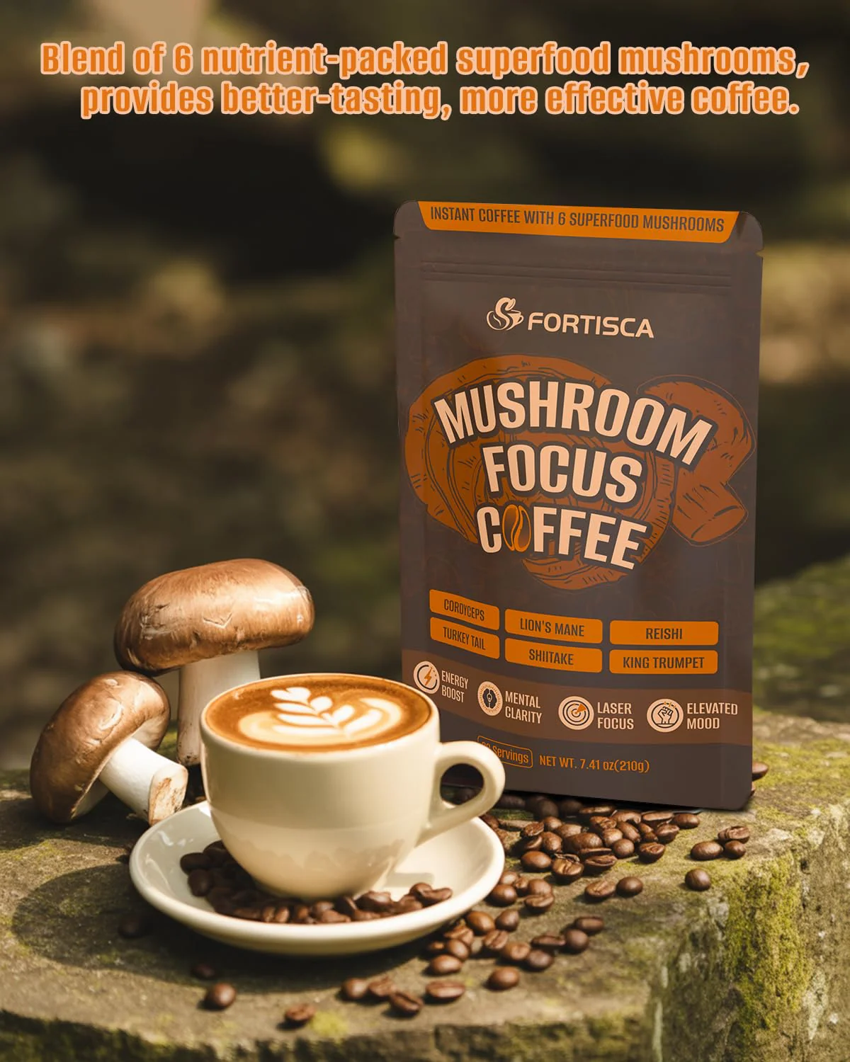 FORTISCA Mushroom Coffee (7.41oz / 210g) – 6-in-1 Instant Coffee with Lion's Mane, Cordyceps, Reishi, Shiitake, Turkey Tail & King Trumpet for Energy, Focus & Immune Support - Image 8