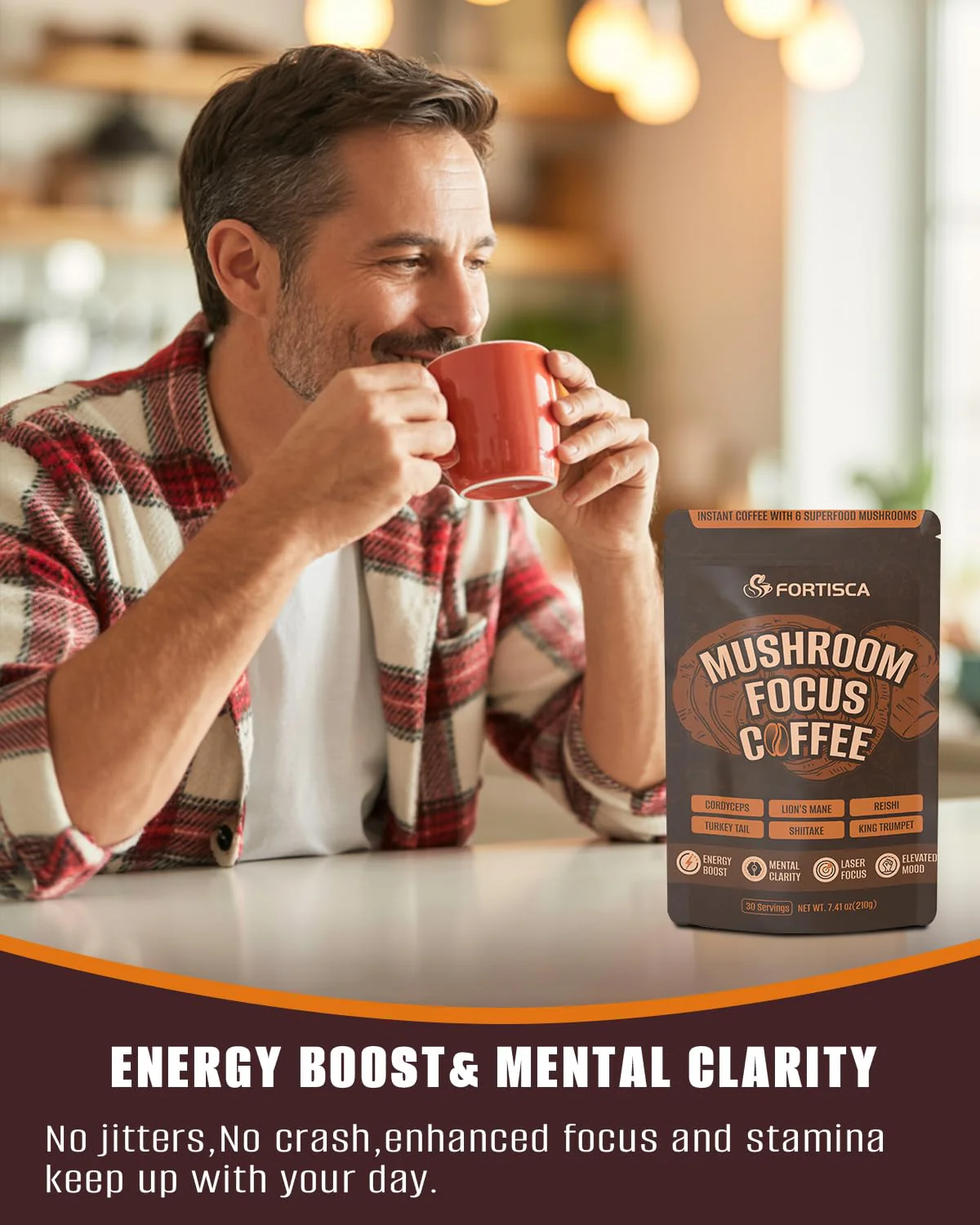 FORTISCA Mushroom Coffee (7.41oz / 210g) – 6-in-1 Instant Coffee with Lion's Mane, Cordyceps, Reishi, Shiitake, Turkey Tail & King Trumpet for Energy, Focus & Immune Support - Image 9