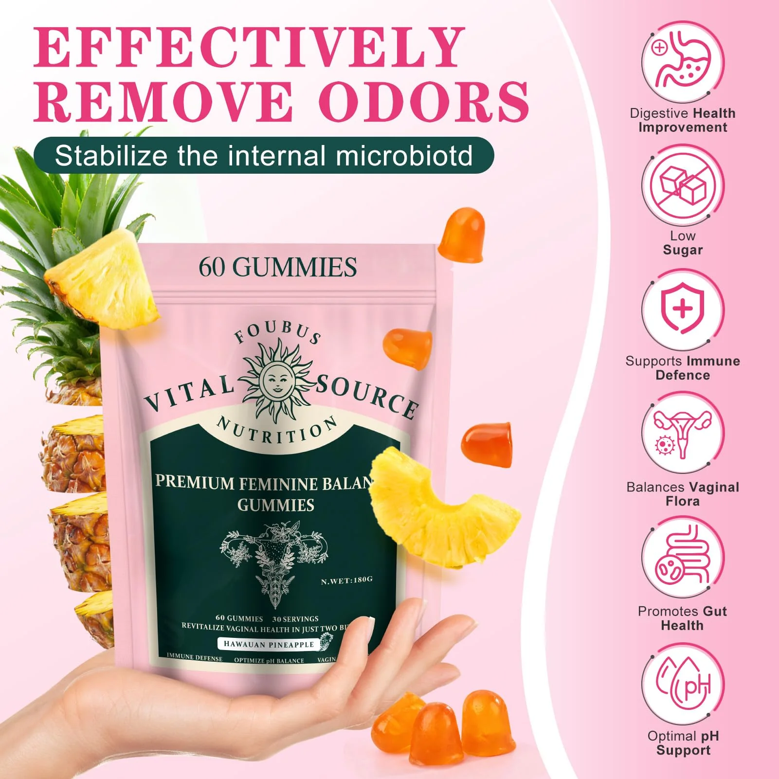 FOUBUS Vital Source Premium Feminine Balance Gummies | 120 Gummies (60 Servings) – Pineapple, Vegan, Gluten-Free - Image 11