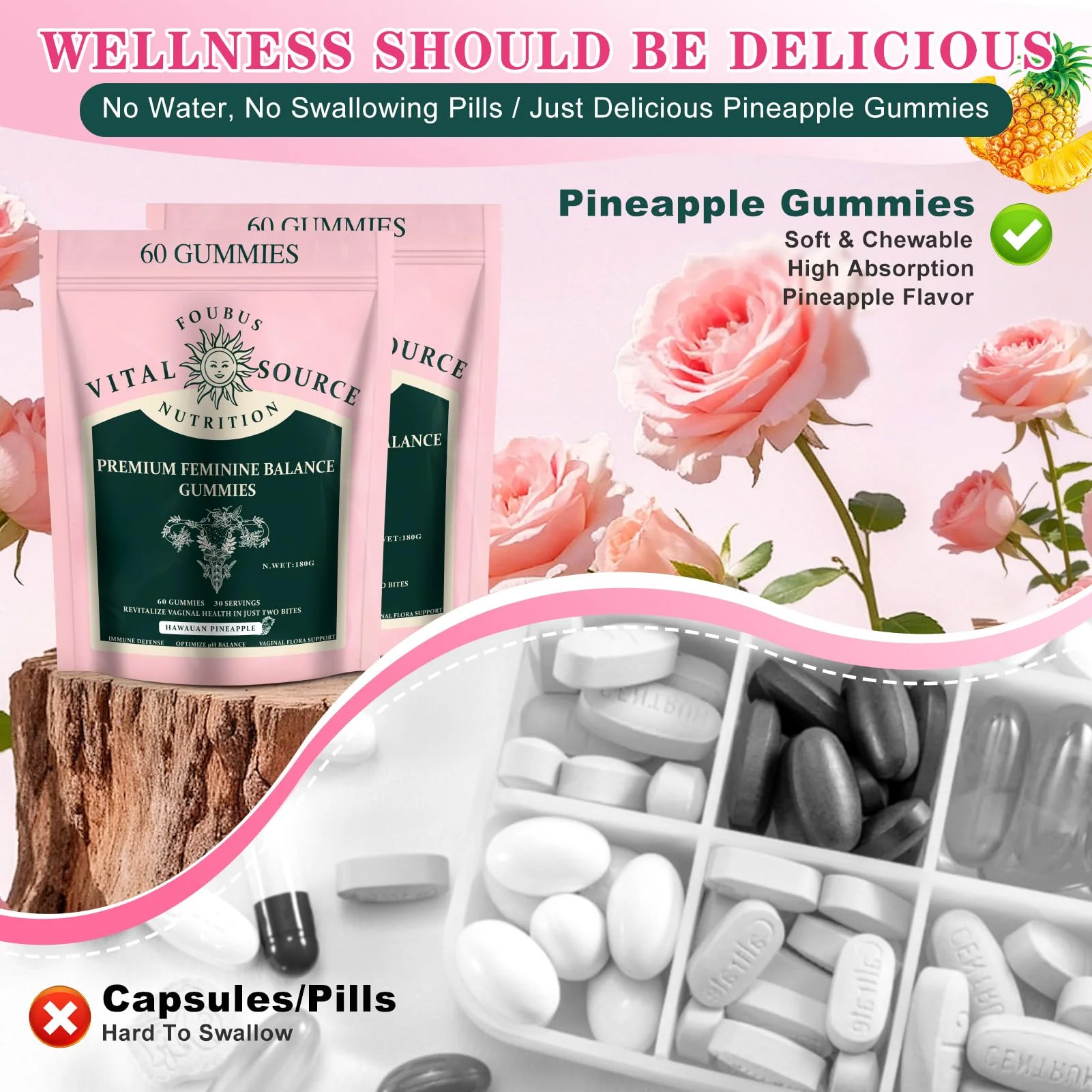 FOUBUS Vital Source Premium Feminine Balance Gummies | 120 Gummies (60 Servings) – Pineapple, Vegan, Gluten-Free - Image 7
