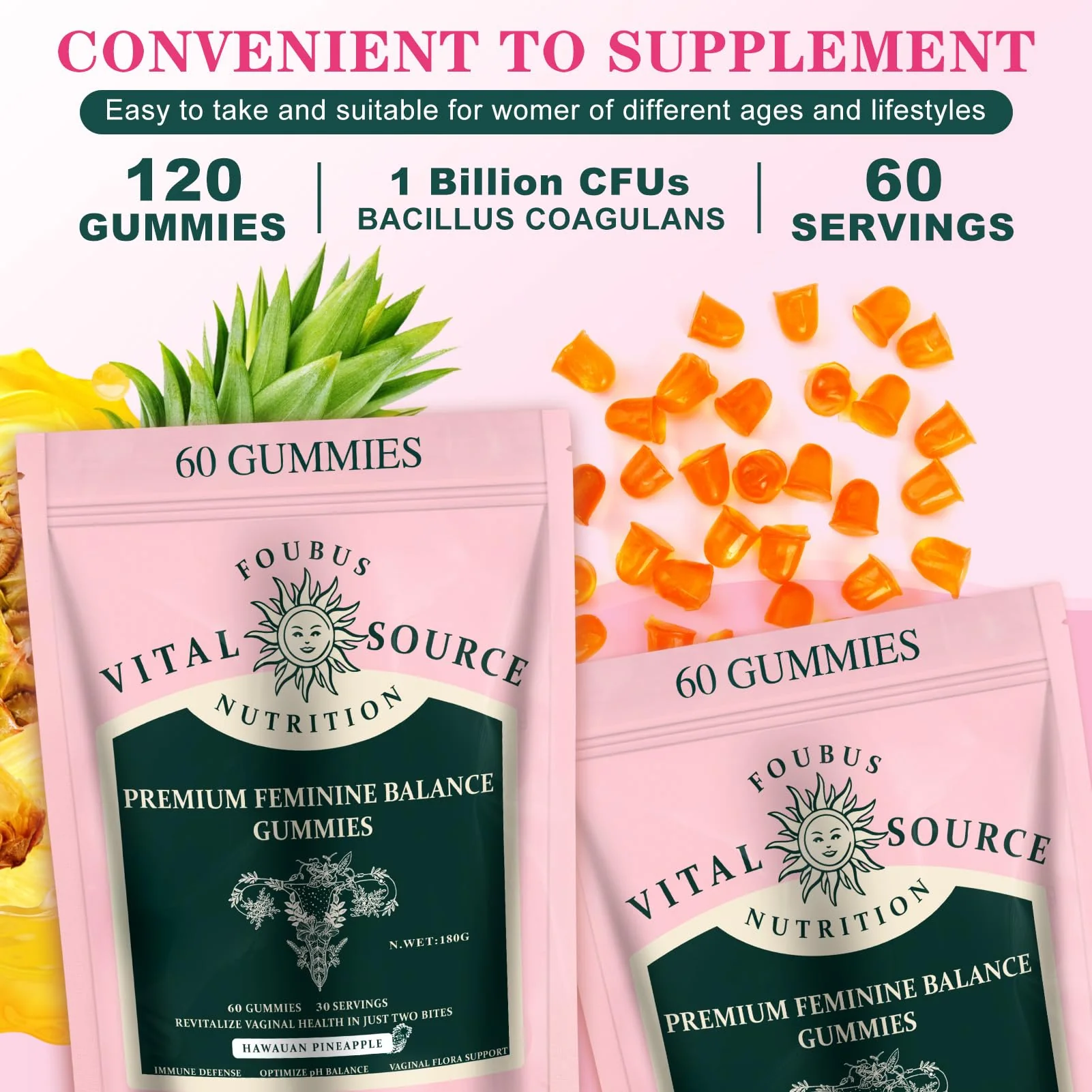 FOUBUS Vital Source Premium Feminine Balance Gummies | 120 Gummies (60 Servings) – Pineapple, Vegan, Gluten-Free - Image 8
