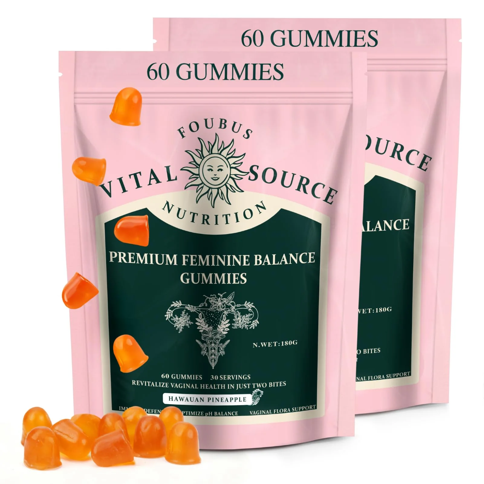 FOUBUS Vital Source Premium Feminine Balance Gummies | 120 Gummies (60 Servings) – Pineapple, Vegan, Gluten-Free - Image 9