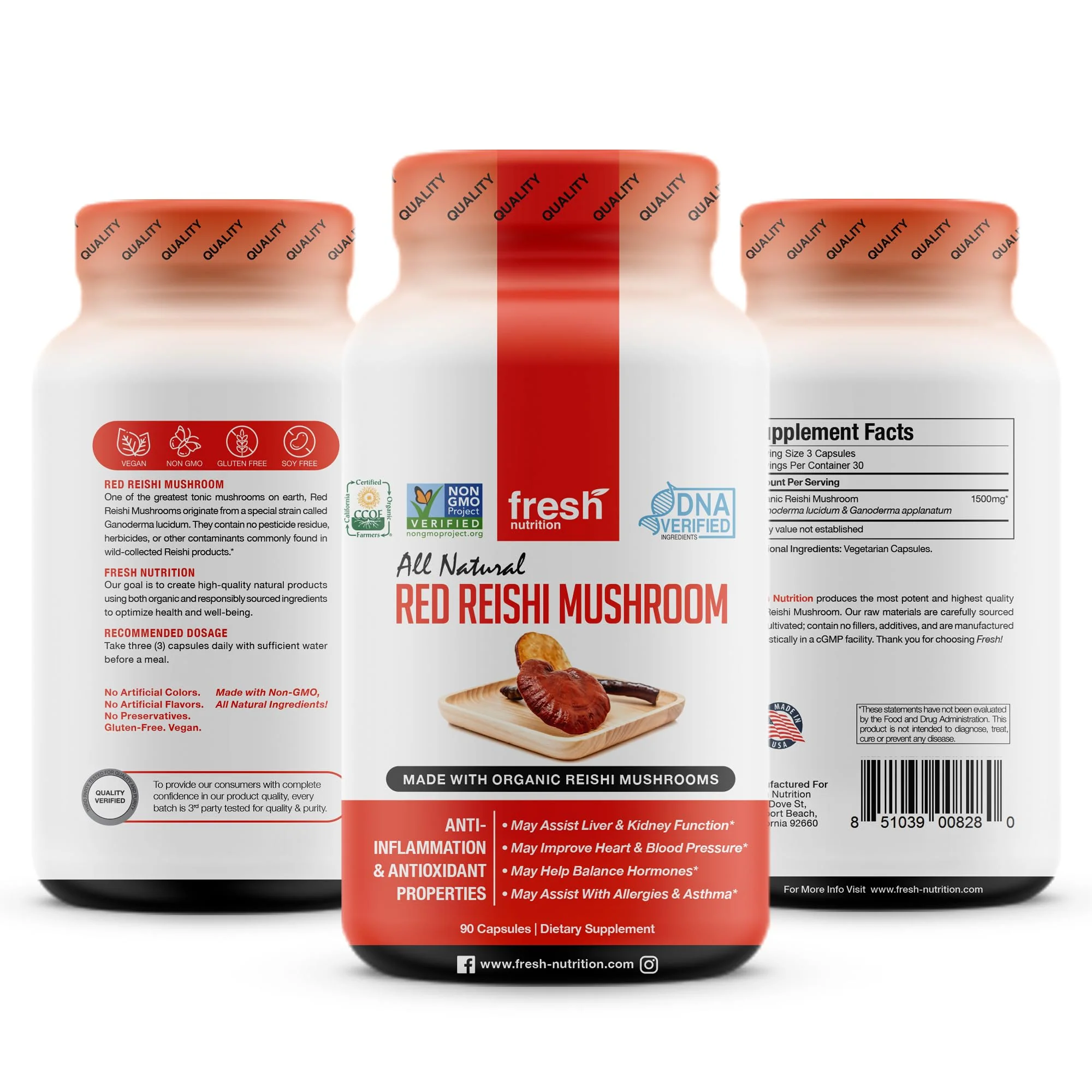 Fresh Nutrition Organic Reishi Mushroom Capsules – Alpha-Glucan Rich Ganoderma Lucidum, 1500mg Serving, Third-Party Tested – 90 Veggie Caps (Pack of 2) - Image 2
