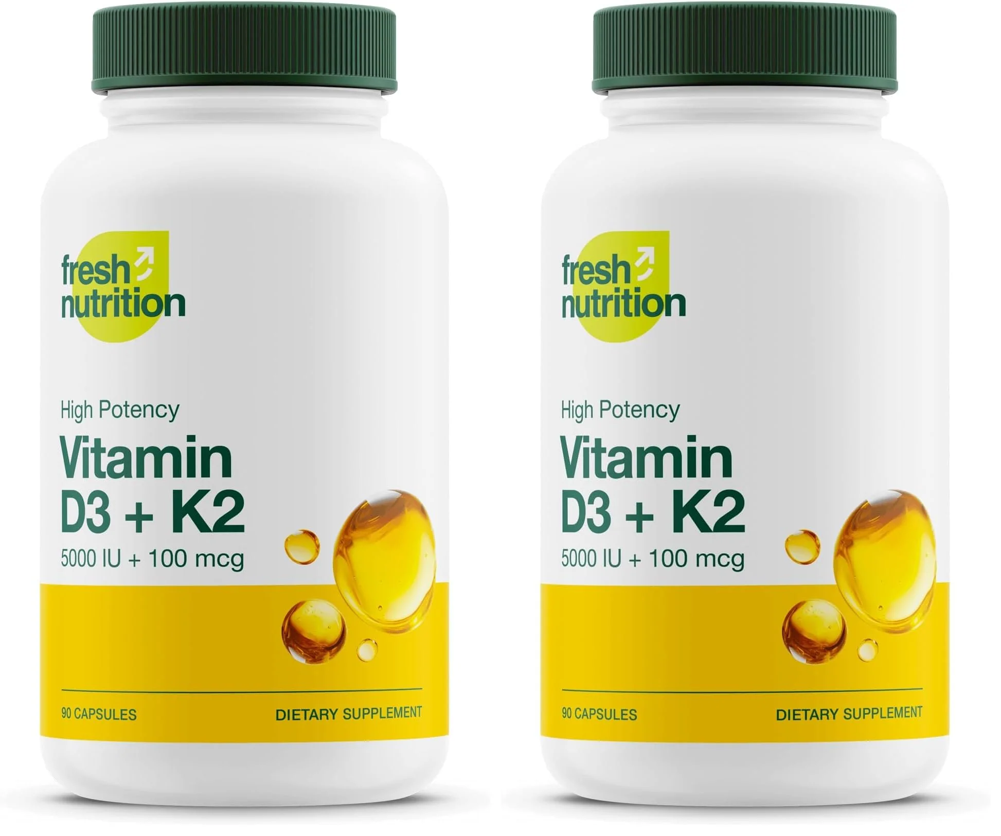 Fresh Nutrition Vegan Vitamin D3 + K2 Capsules – 5000 IU D3 + 100 mcg K2 MK-7 (Pack of 2)