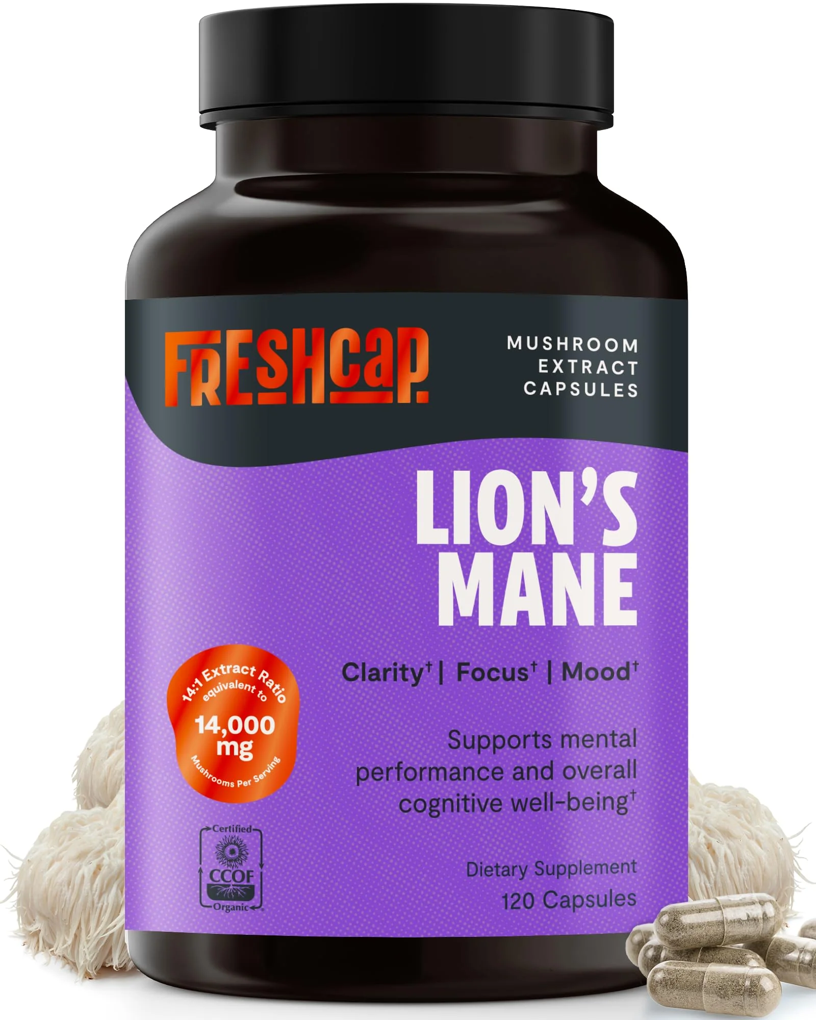 FreshCap Lions Mane Capsules 14,000mg – 14:1 Organic Lion's Mane Extract, Ayurveda Focus, Made in USA (120 Capsules) - Image 8