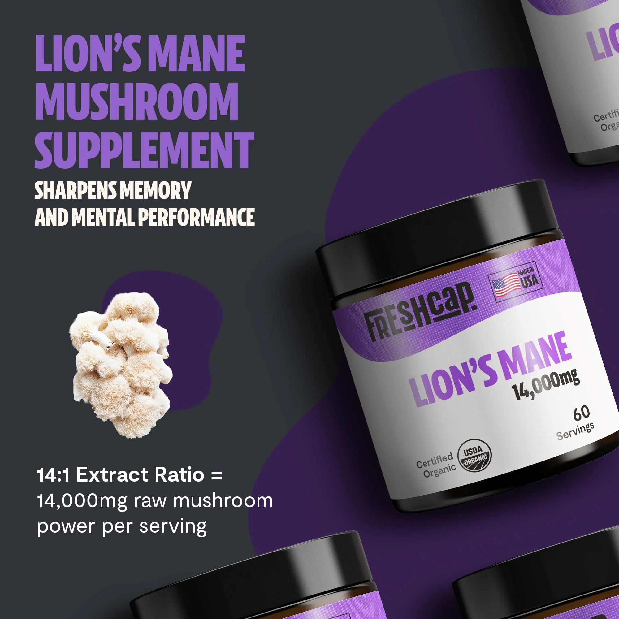 FreshCap Mushrooms Lions Mane Supplement Powder – 14,000mg per Serving, Organic Lions Mane Extract for Focus & Memory (60 Servings) - Image 2