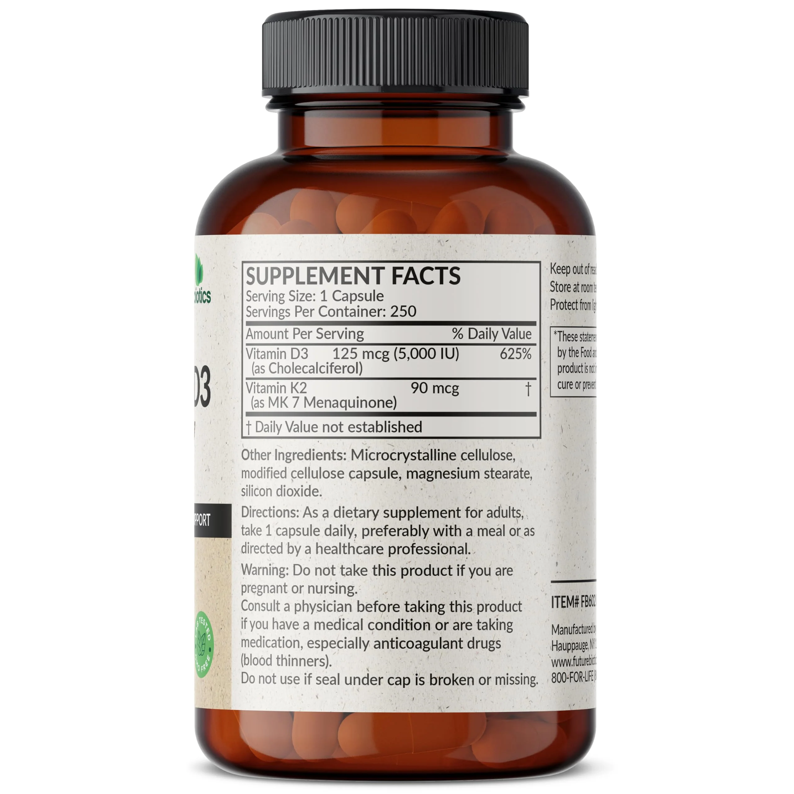 Futurebiotics Vitamin K2 (MK7) with D3 – Non-GMO, 5000 IU D3 & 90 mcg MK-7, 2-Pack (250 Veg Capsules per Bottle) - Image 10