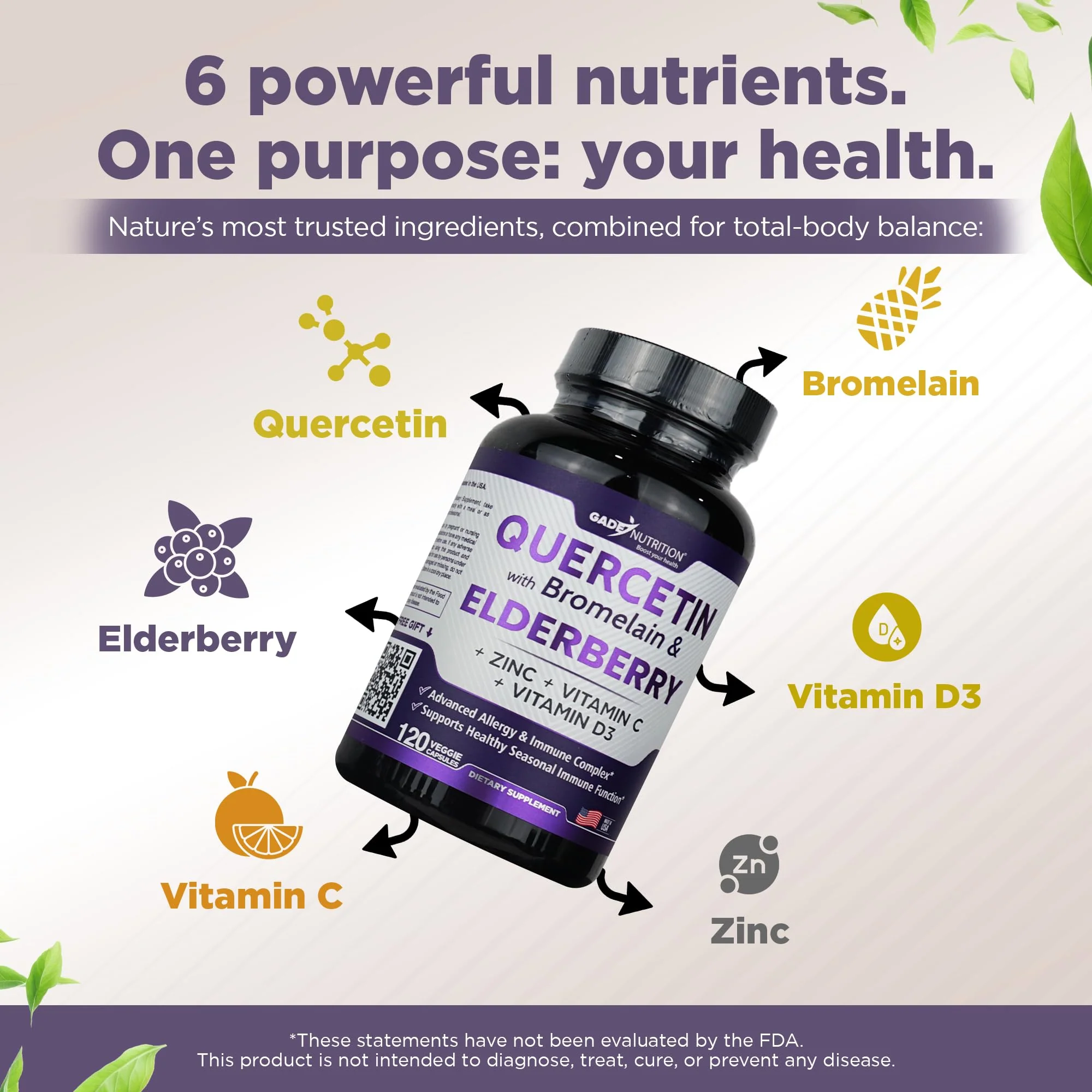 Gade Nutrition Quercetin with Bromelain, Vitamin C & Zinc, Vitamin D3, and Elderberry | Daily Immune Support Supplement - 4 Months Supply - Image 4