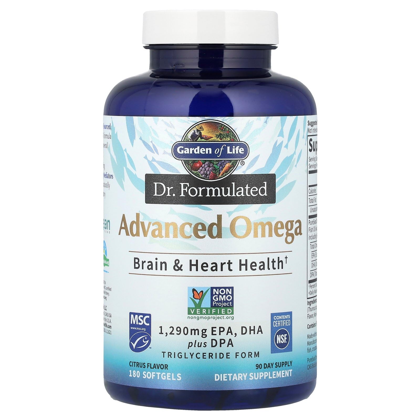 Garden of Life Dr. Formulated Advanced Omega Fish Oil - Lemon | 1,290 mg Omega-3 (EPA 695 mg, DHA 465 mg, DPA 30 mg), TG Form, 180 Softgels - Image 3