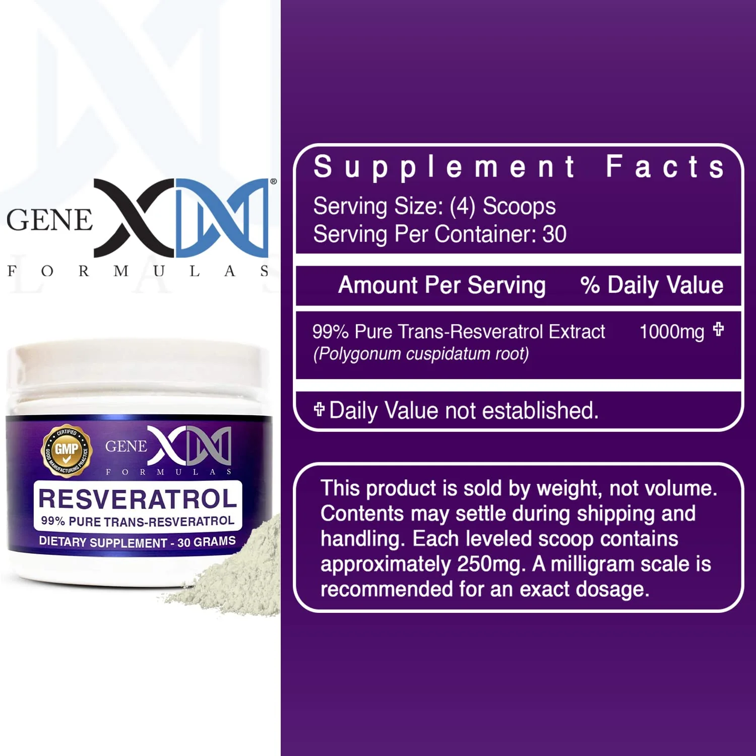 GENEX Trans-Resveratrol 1000mg Powder | 30-Serving Micronized, 99% Pure, GMP & NSF Certified - Image 3