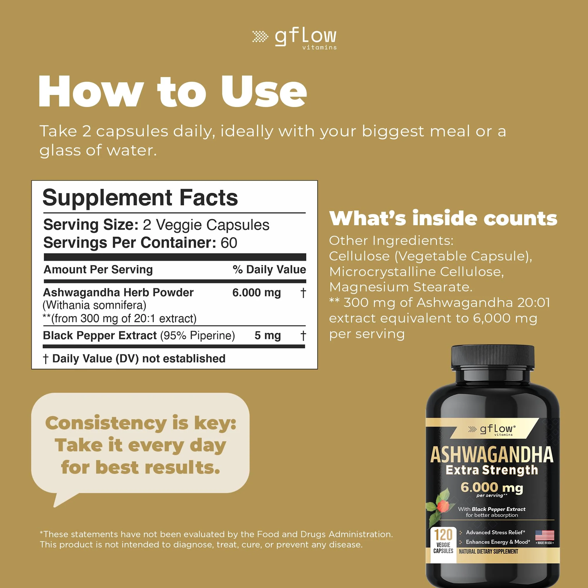 gflow vitamins Ashwagandha 6000mg – Extra Strength, vegan, non-GMO – Made in USA | Sleep, Mood & Energy | Pack of 3 - Image 16
