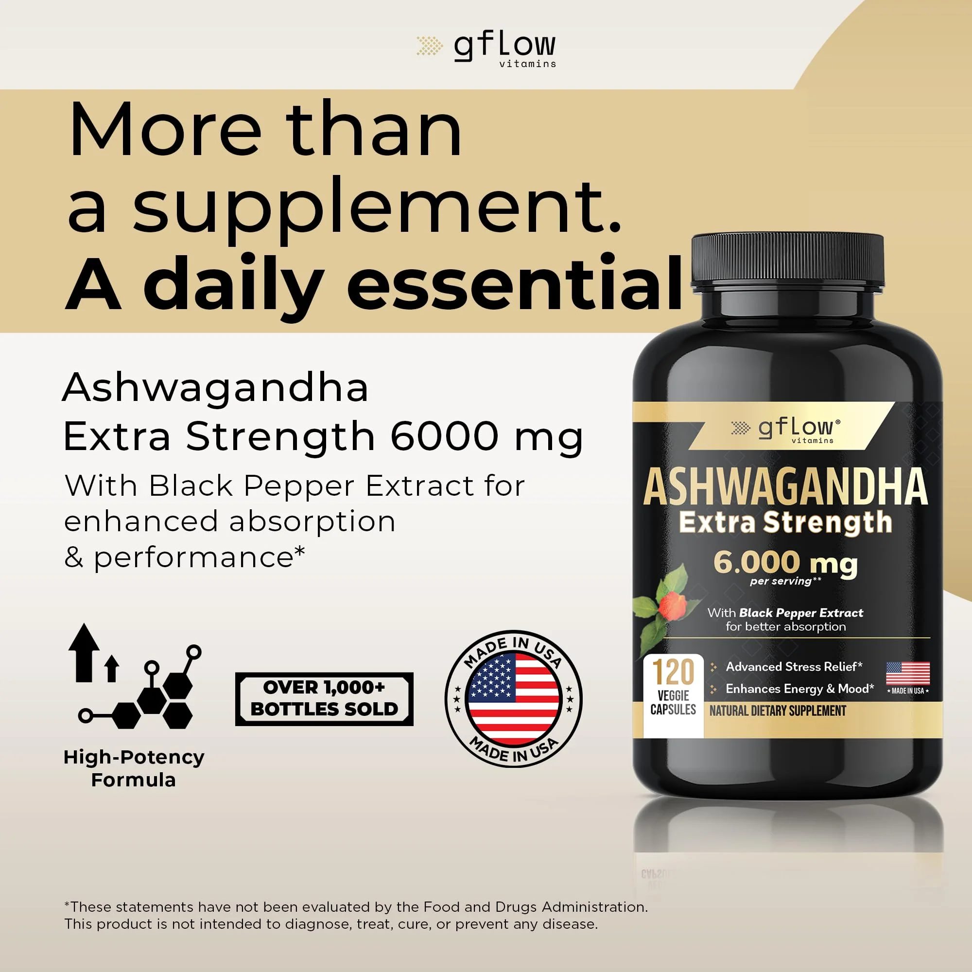 gflow vitamins Ashwagandha 6000mg – Extra Strength, vegan, non-GMO – Made in USA | Sleep, Mood & Energy | Pack of 3 - Image 2