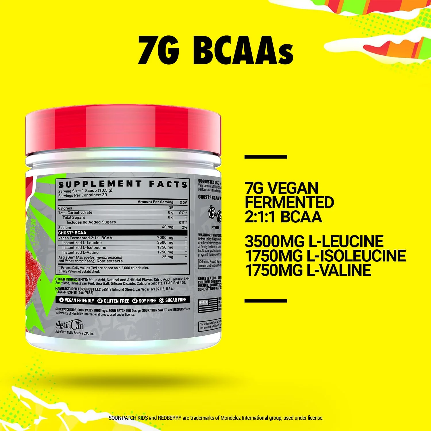 GHOST BCAA Powder Sour Patch Kids Redberry – 7G BCAAs, Sugar-Free, 30 Servings | Pre/Intra/Post Workout - Image 2