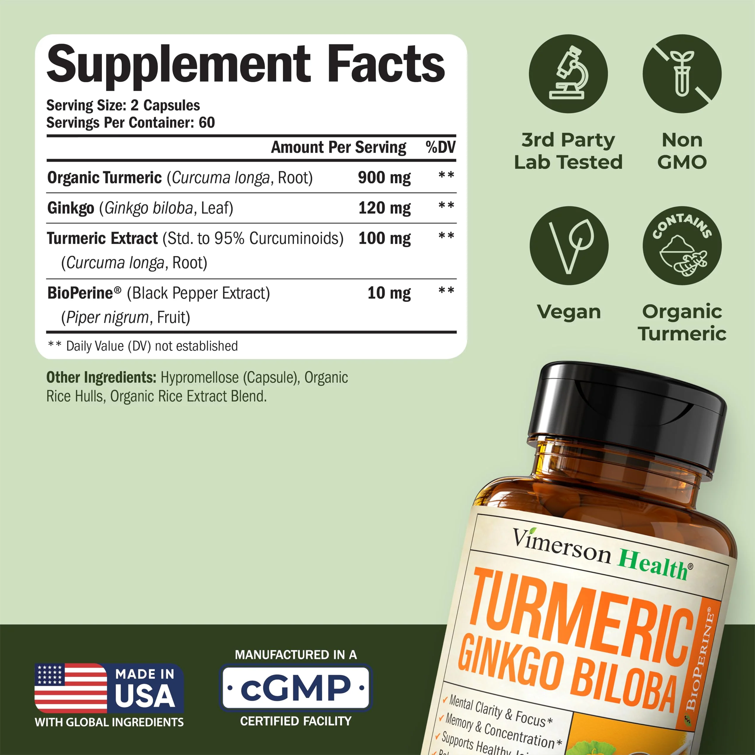 Ginkgo Biloba & Turmeric Curcumin Supplement with BioPerine – Vimerson Health | 120 Vegan Capsules - Image 3