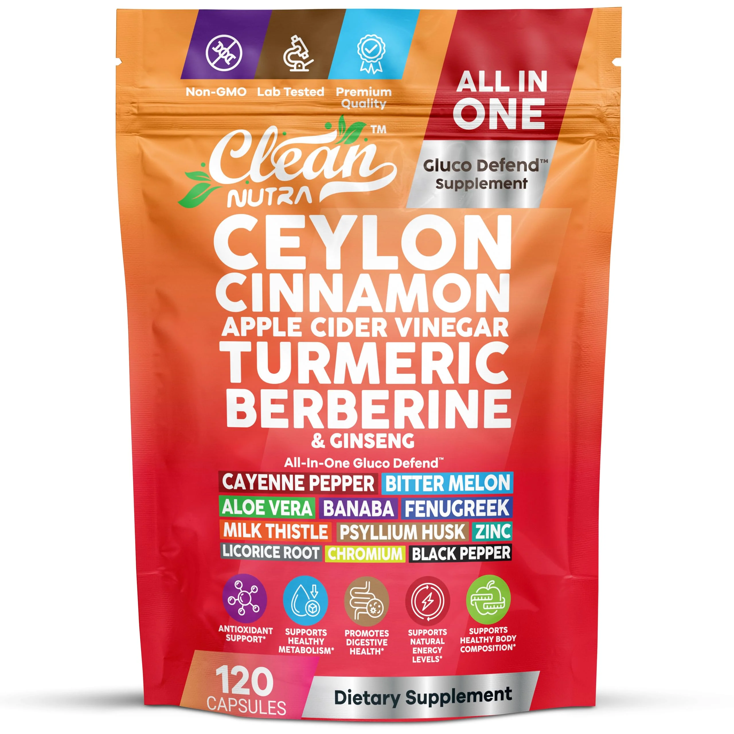 Gluco Defend 120 Capsules – Ceylon Cinnamon, Apple Cider Vinegar, Turmeric, Berberine | Clean Nutra