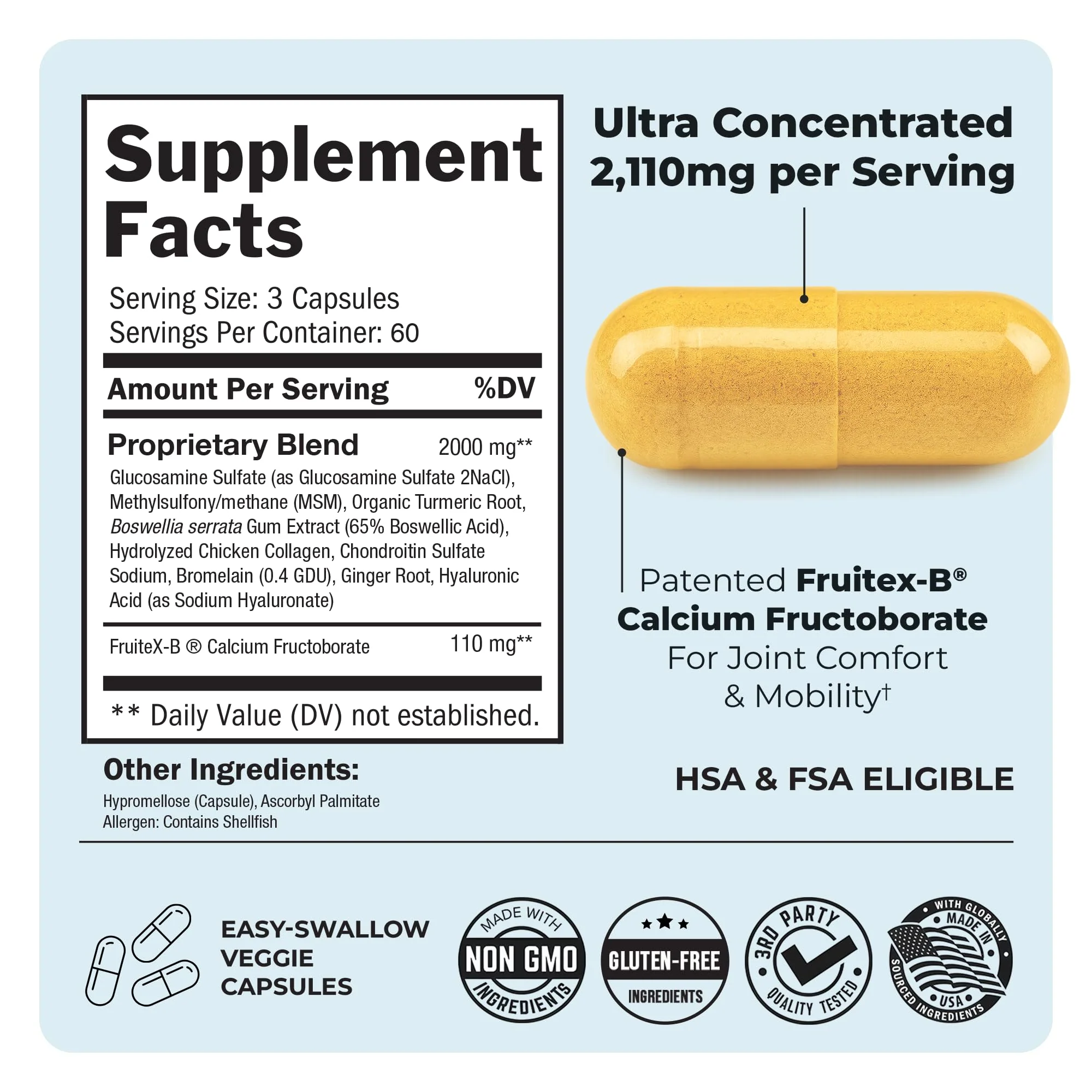 Glucosamine Chondroitin MSM Joint Support – Collagen, Turmeric, Hyaluronic Acid | Gluten Free, Non-GMO, 180 Capsules - Image 3