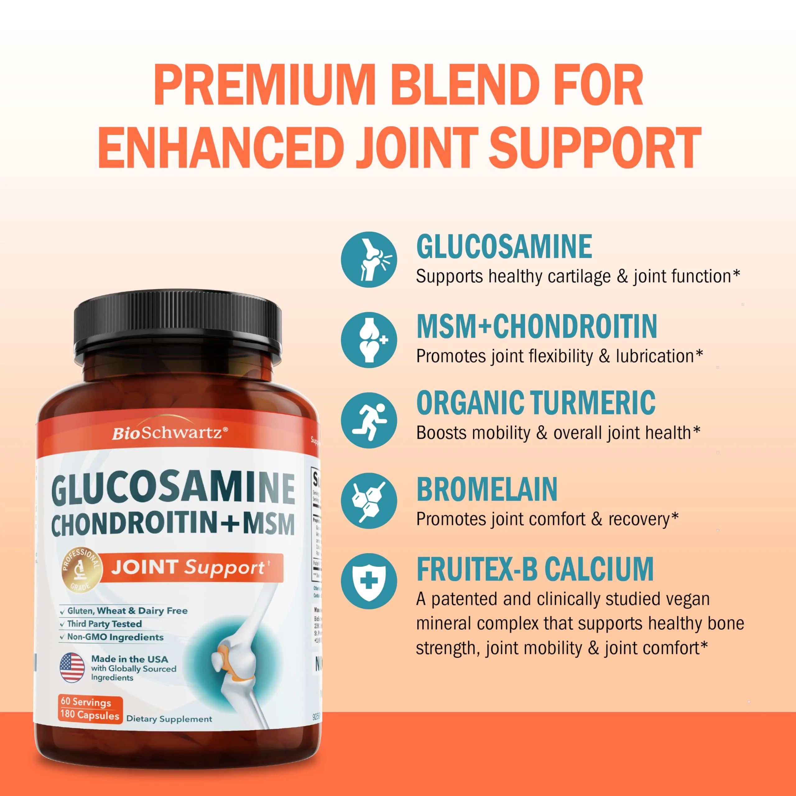 Glucosamine Chondroitin MSM Joint Support – Collagen, Turmeric, Hyaluronic Acid | Gluten Free, Non-GMO, 180 Capsules - Image 4