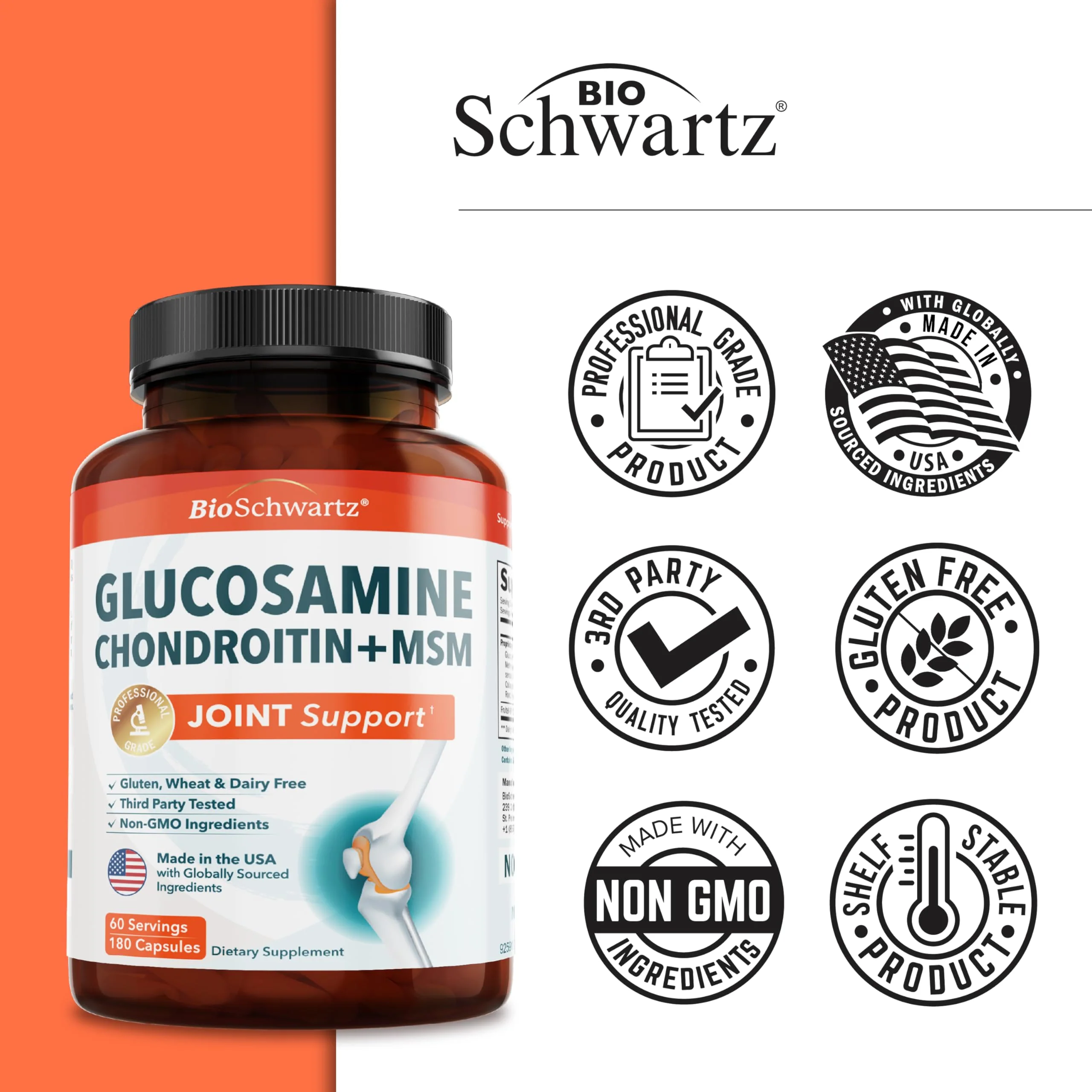 Glucosamine Chondroitin MSM Joint Support – Collagen, Turmeric, Hyaluronic Acid | Gluten Free, Non-GMO, 180 Capsules - Image 7