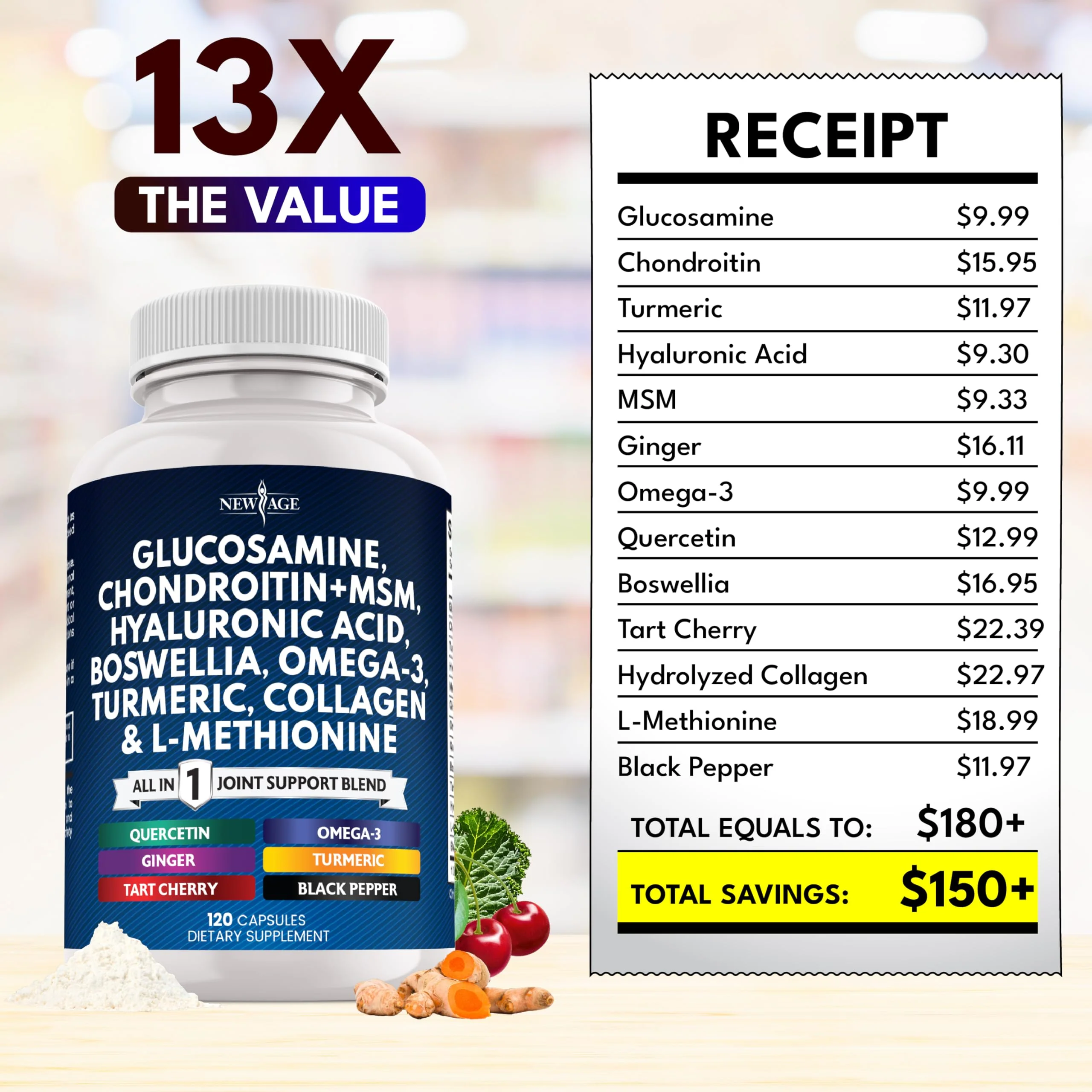 Glucosamine Chondroitin MSM + Turmeric Curcumin, Collagen, Hyaluronic Acid, Omega-3 – Health Supplement 360 Count - Image 5