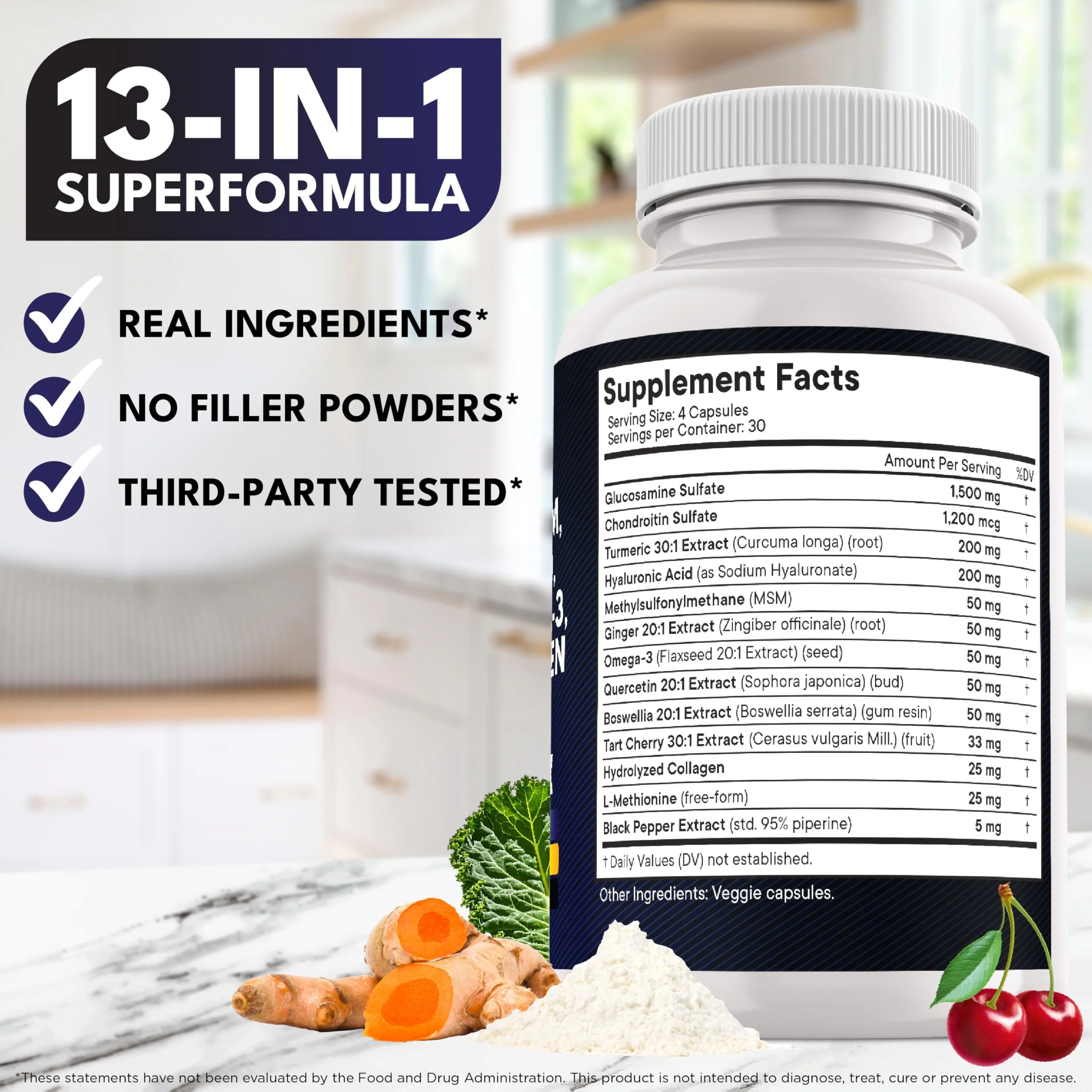 Glucosamine Chondroitin MSM + Turmeric Curcumin, Collagen, Hyaluronic Acid, Omega-3 – Health Supplement 360 Count - Image 7