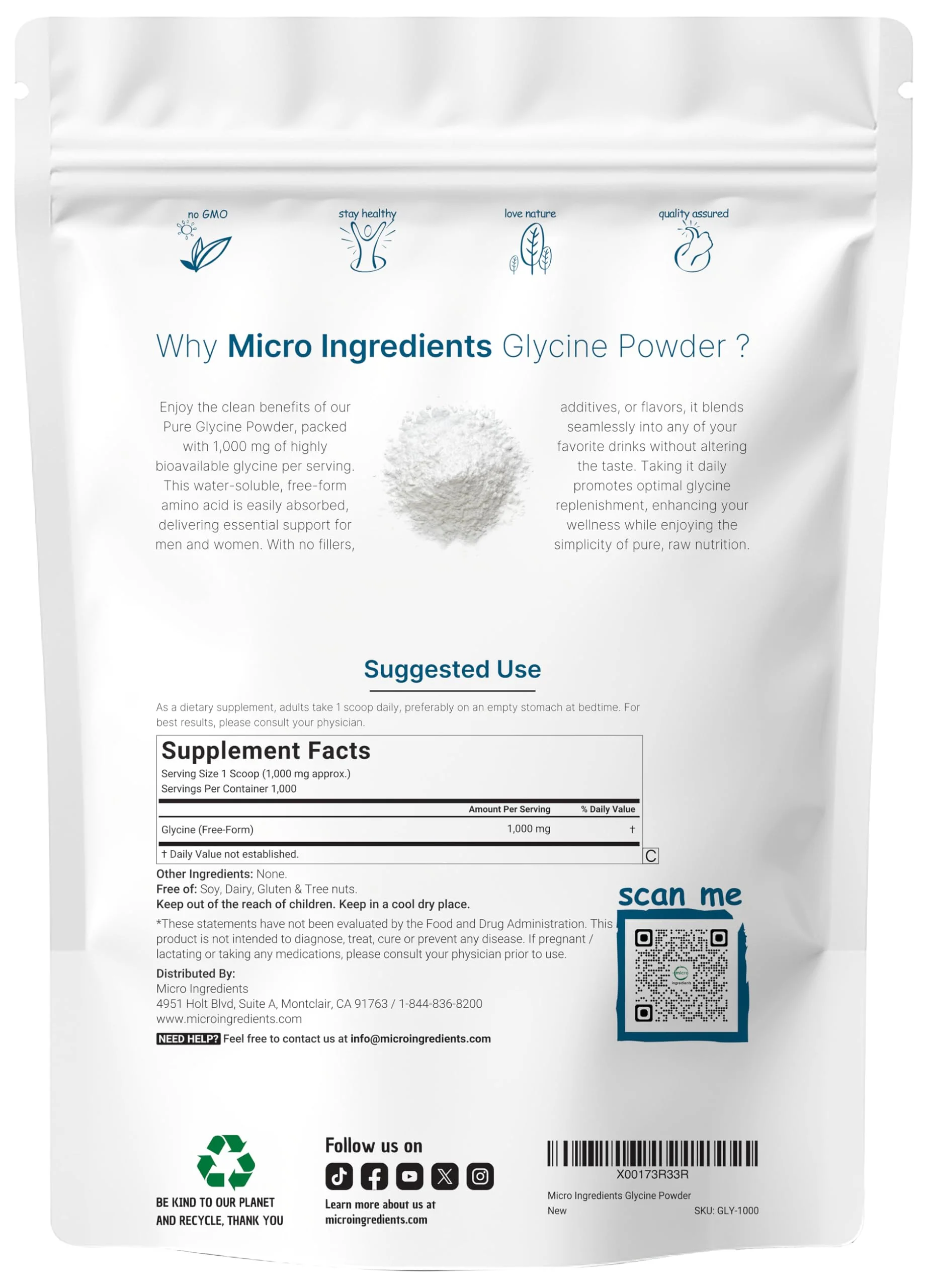 Glycine Powder 1KG (2.2 lb) – 1000mg/Serving, Sleep & Neurotransmitter Support | Micro Ingredients, USA Made - Image 2