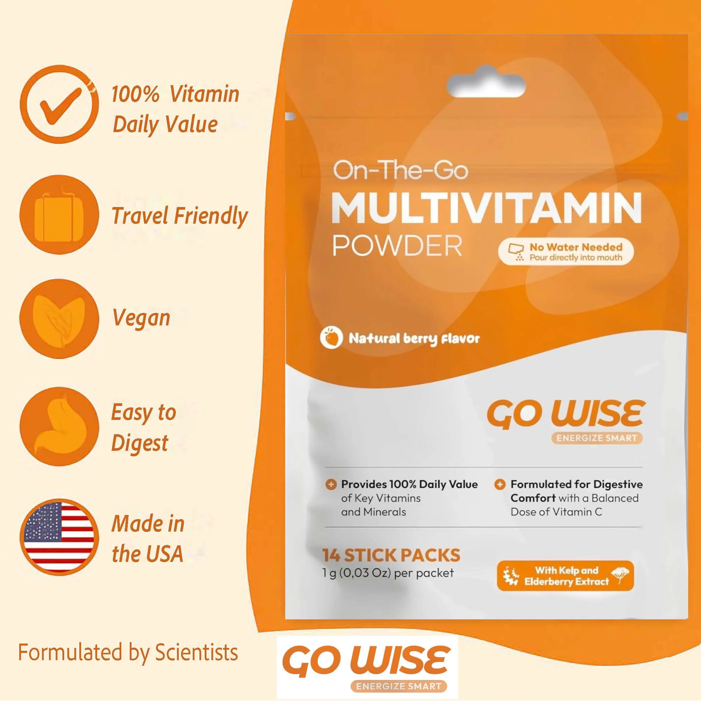 Go Wise On The Go Multivitamin Powder - Natural Berry (Pack of 3) | 14 Travel Sticks - Image 2
