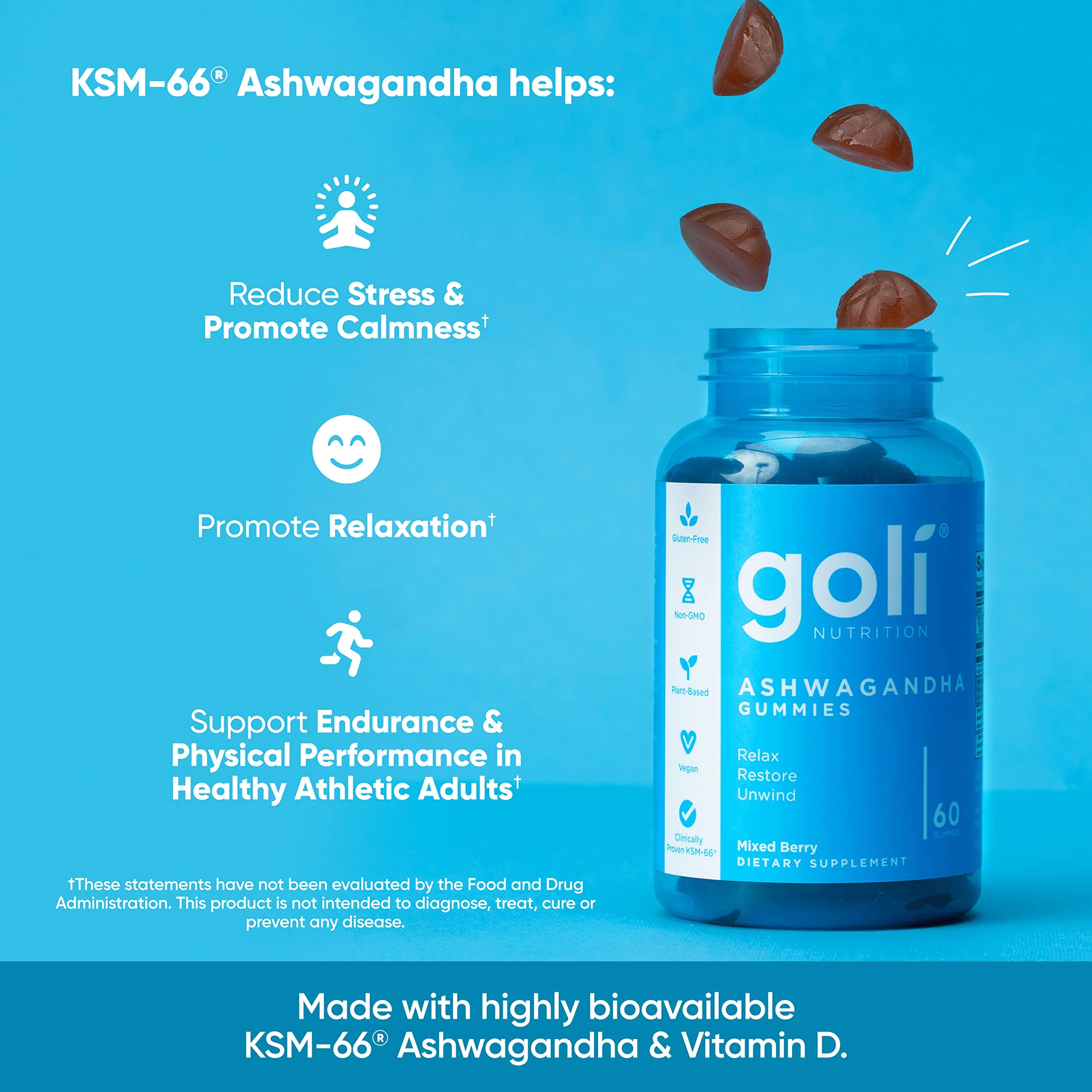 Goli Ashwagandha & Vitamin D Gummies – 180 Count, Mixed Berry, Vegan, Pack of 3 - Image 4