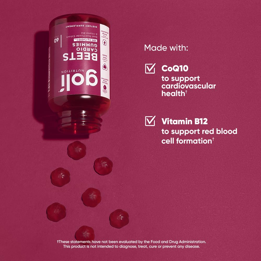 Goli Beets Cardio Gummies with CoQ10 & Vitamin B12 – Beetroot Extract | Vegan, Non-GMO, Gluten-Free (300 Count, 5 Pack) - Image 4