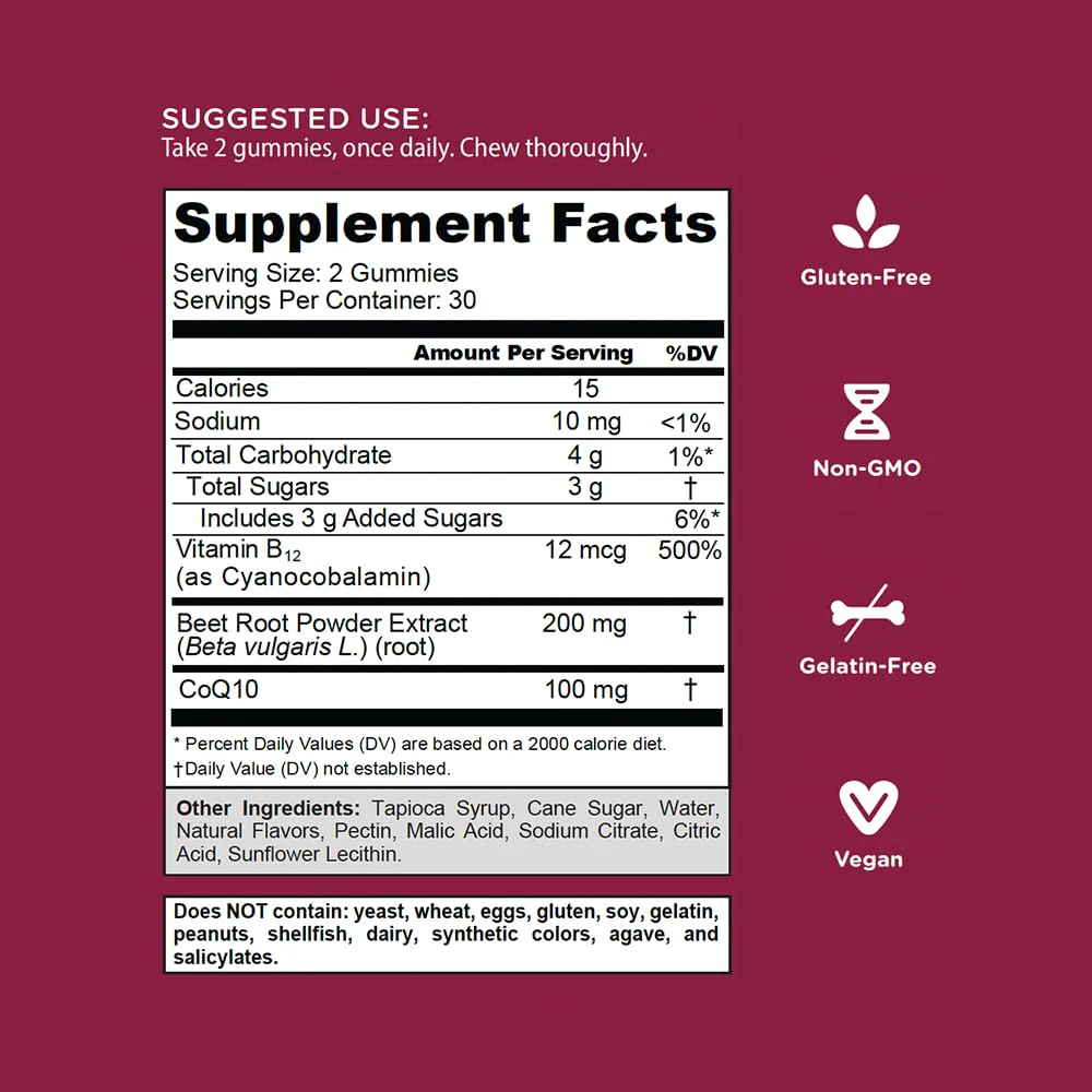 Goli Beets Cardio Gummies with CoQ10 & Vitamin B12 – Beetroot Extract | Vegan, Non-GMO, Gluten-Free (300 Count, 5 Pack) - Image 9