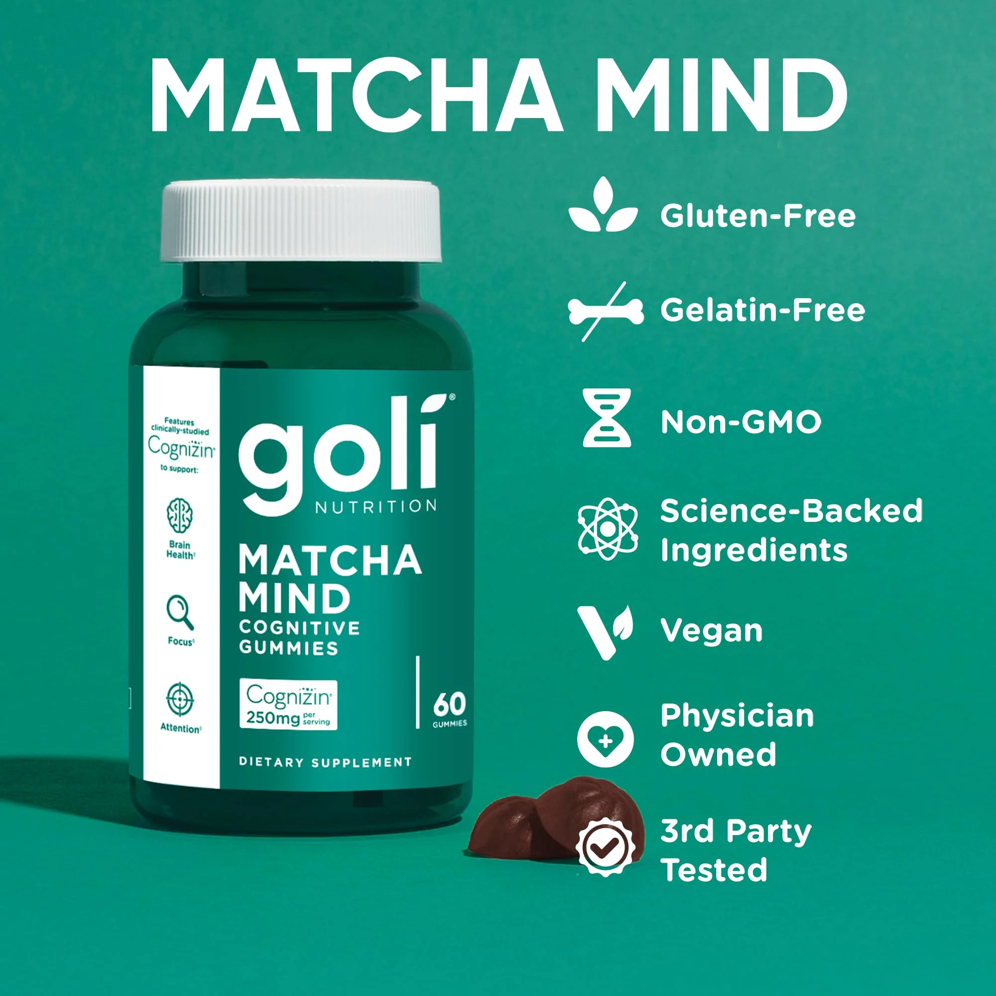 Goli Matcha Mind Gummies – 180 Count | Cognizin for Focus & Brain Health | Vegan, Non-GMO, Gluten-Free - Image 15