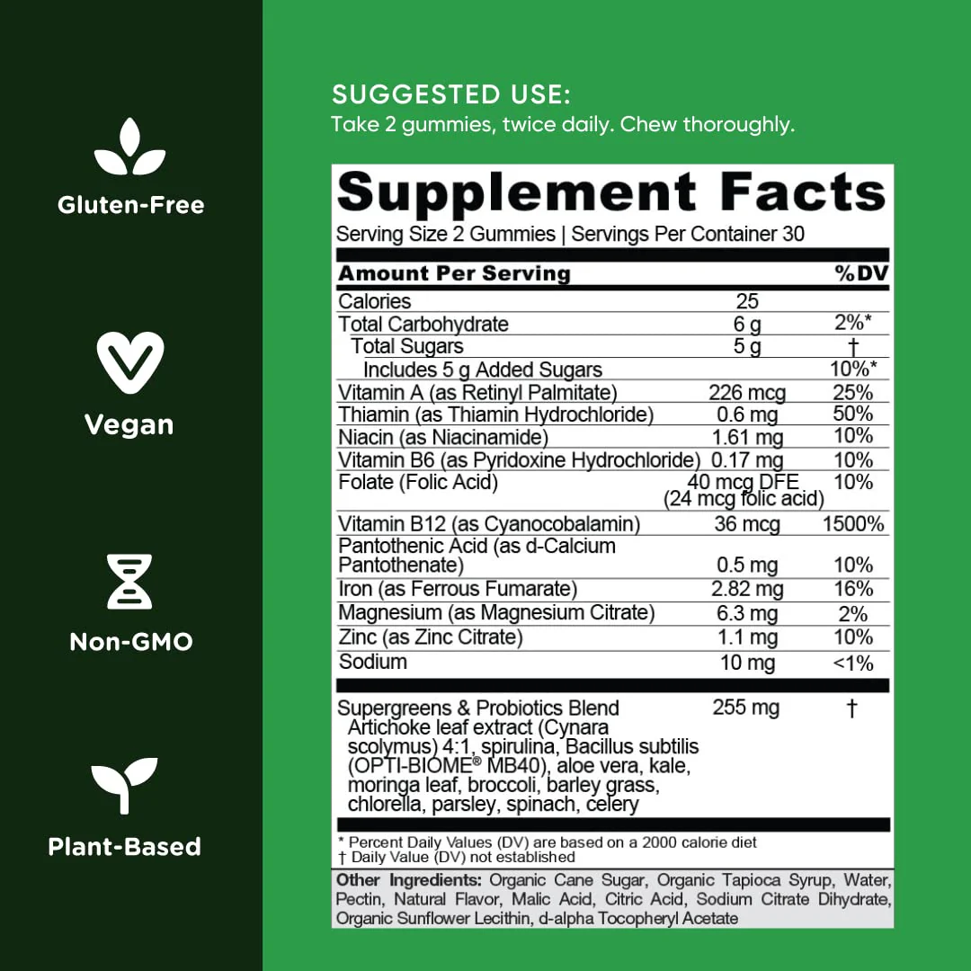 Goli Supergreens Gummies with Probiotics – Artichoke Leaf, Spirulina & Kale | Vegan, Gluten-Free, Non-GMO – 60 Count (5 Pack) - Image 4