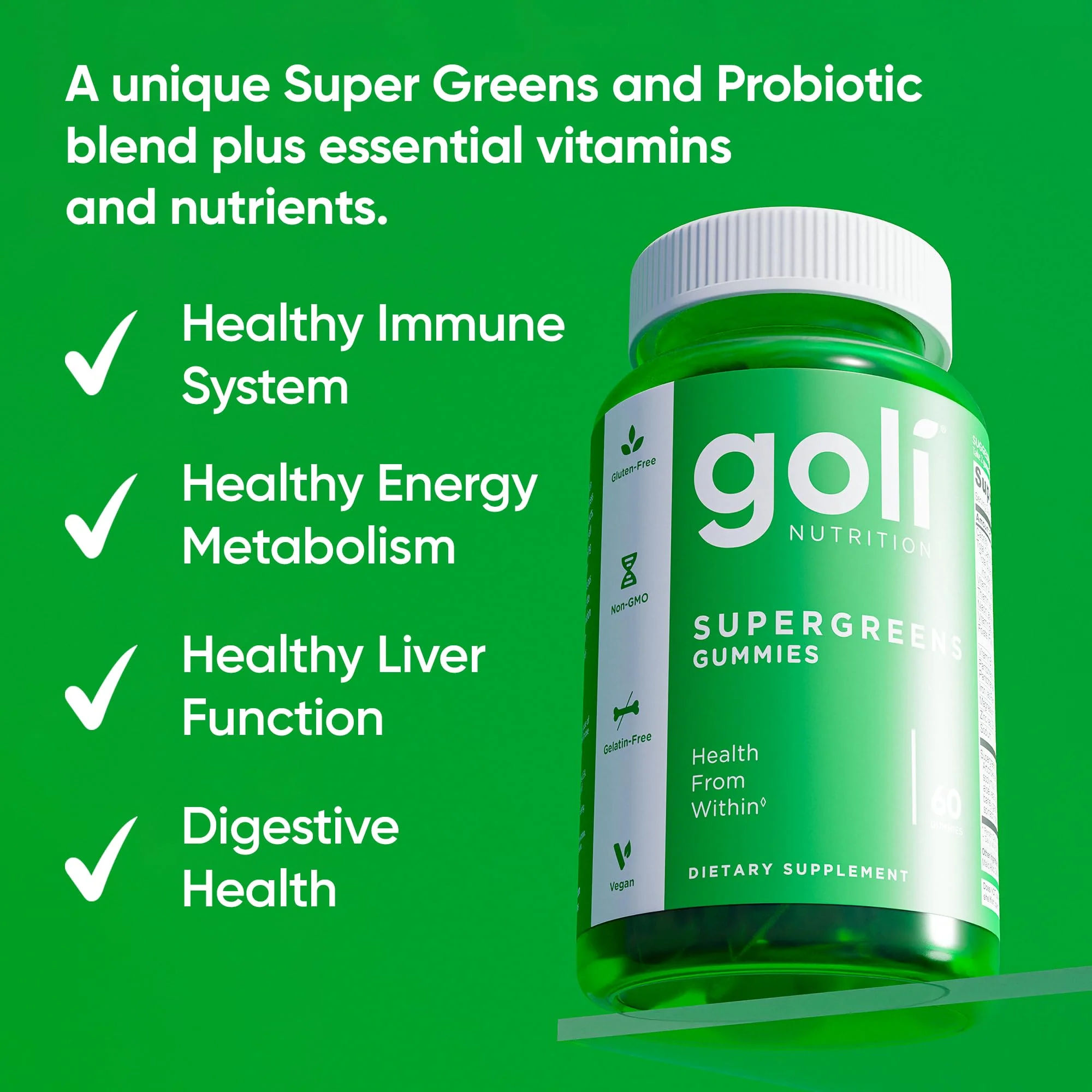 Goli Supergreens Gummies with Probiotics – Artichoke Leaf, Spirulina & Kale | Vegan, Gluten-Free, Non-GMO – 60 Count (5 Pack) - Image 8