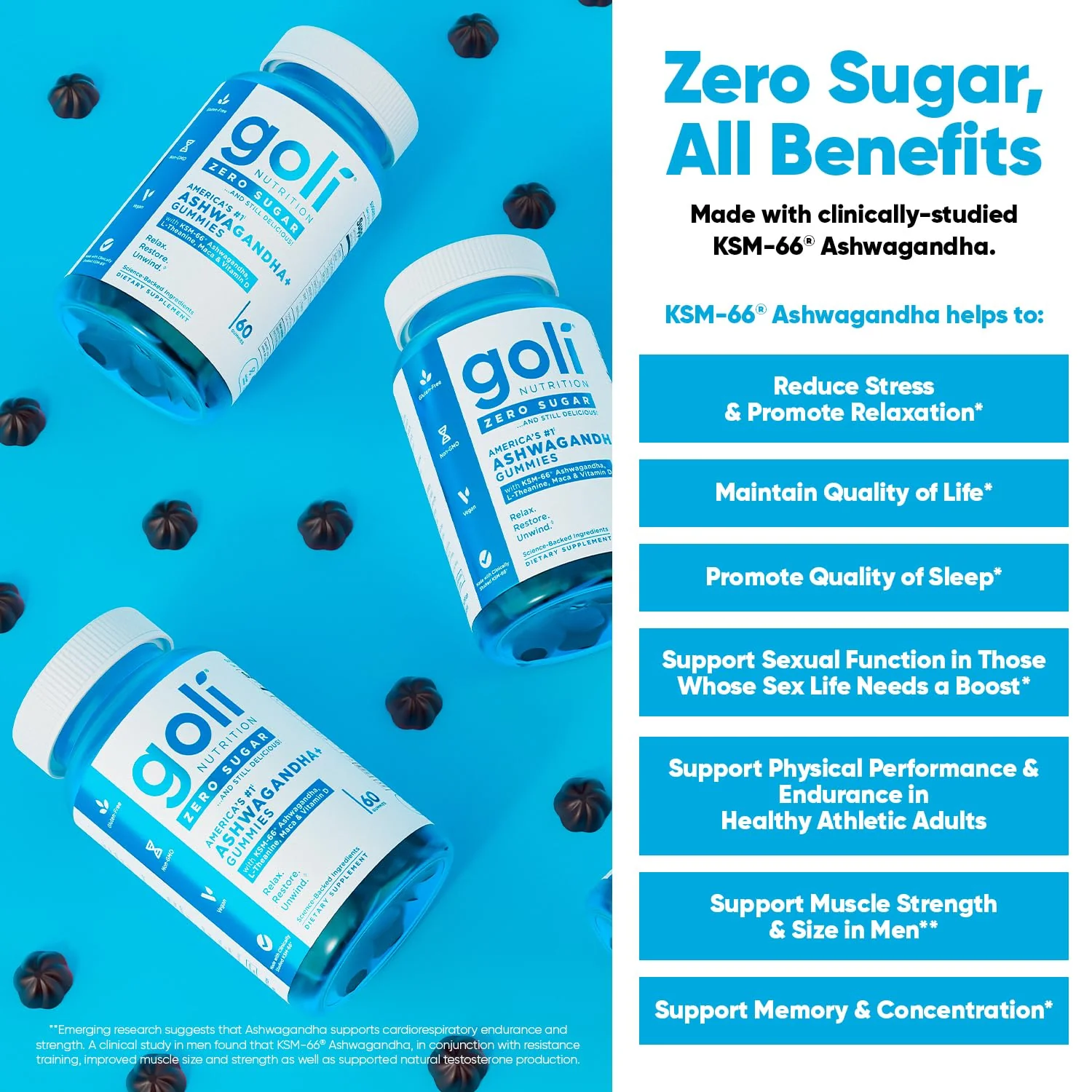Goli Zero Sugar Ashwagandha Gummies – 3 Pack, 180 Count | KSM-66, L-Theanine, Maca, Vitamin D | Vegan, Keto - Image 2