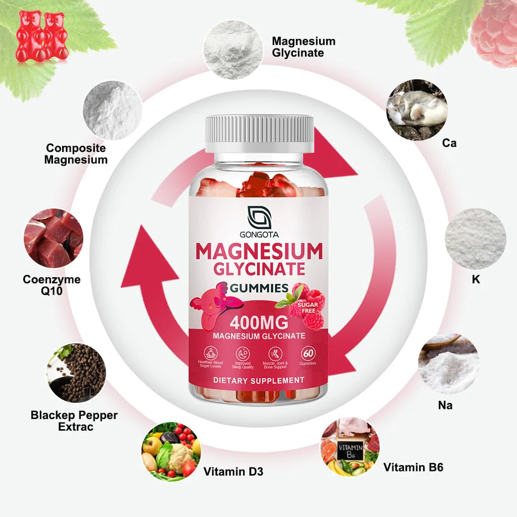 GONGOTA Magnesium Glycinate Gummies 400 mg + 100 mg Magnesium Compound with Vitamin D & B6 | Sugar-Free, 180 Gummies - Image 13