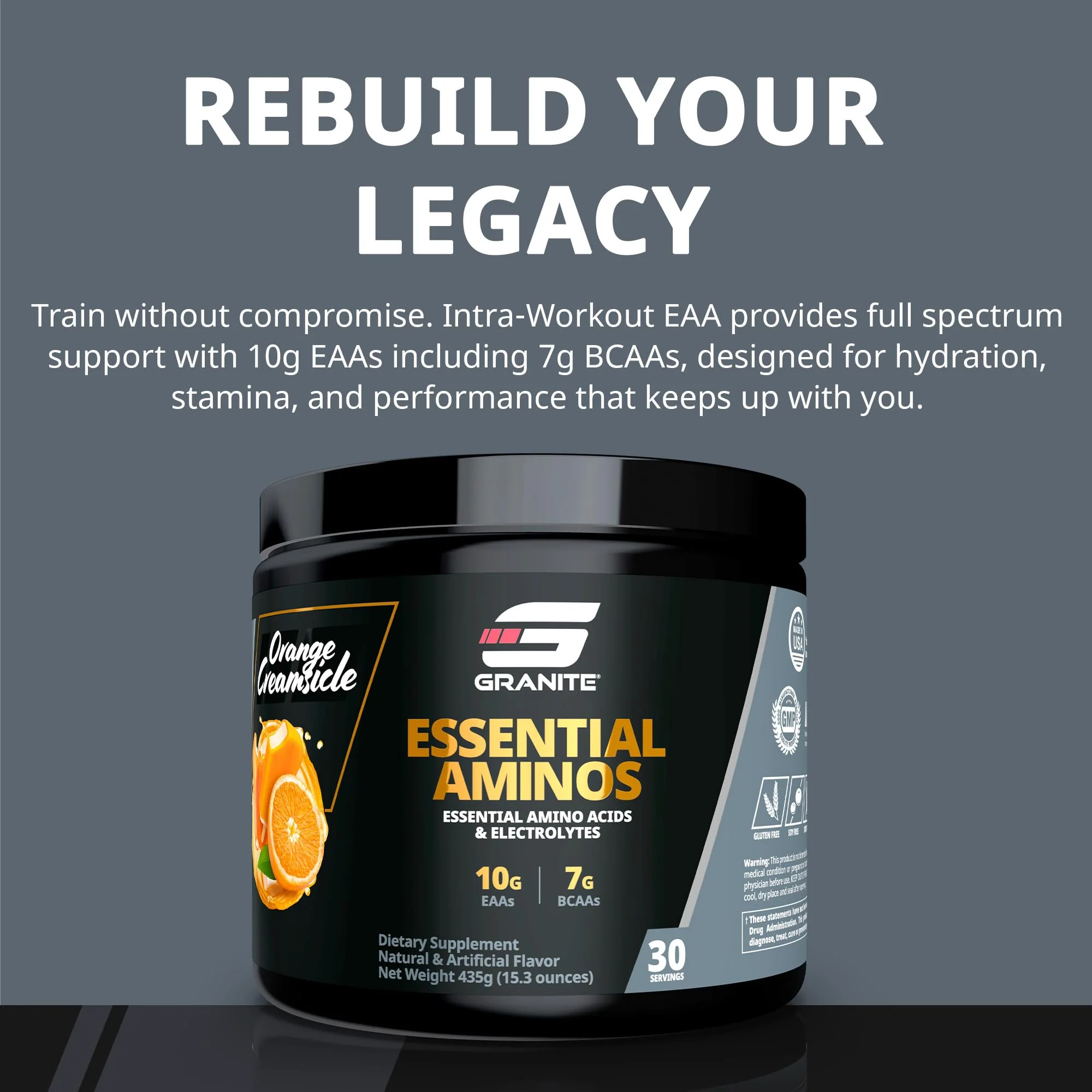 Granite Essentials Amino Acids Powder – 10g EAAs, 7g BCAAs, Orange Creamsicle (Soy & Gluten Free) - Image 3